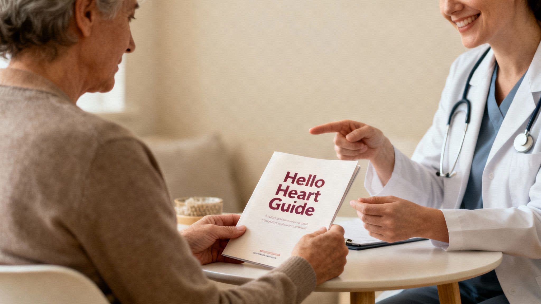 Doctor discusses 'Hello Heart Guide' with an older patient during a medical consultation.