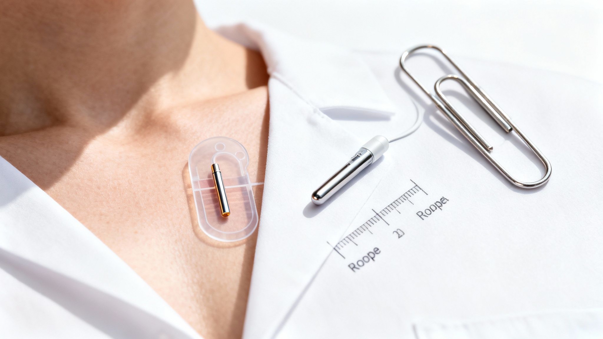 Internal loop recorder and other medical sensors on a patient's chest, alongside a lab coat.