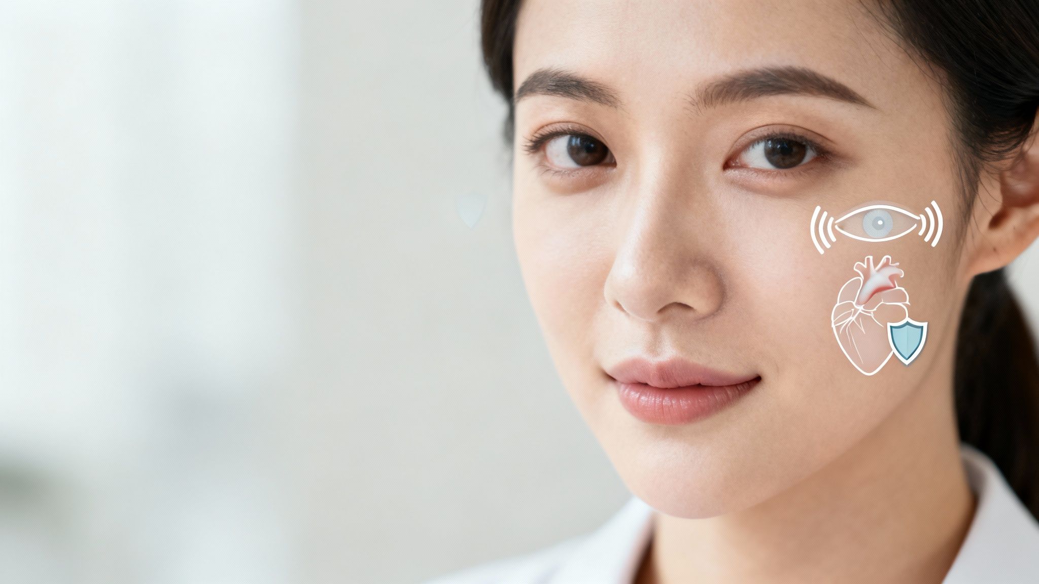 A woman's face with digital health monitoring icons: an eye, heart, and shield, representing wellness.
