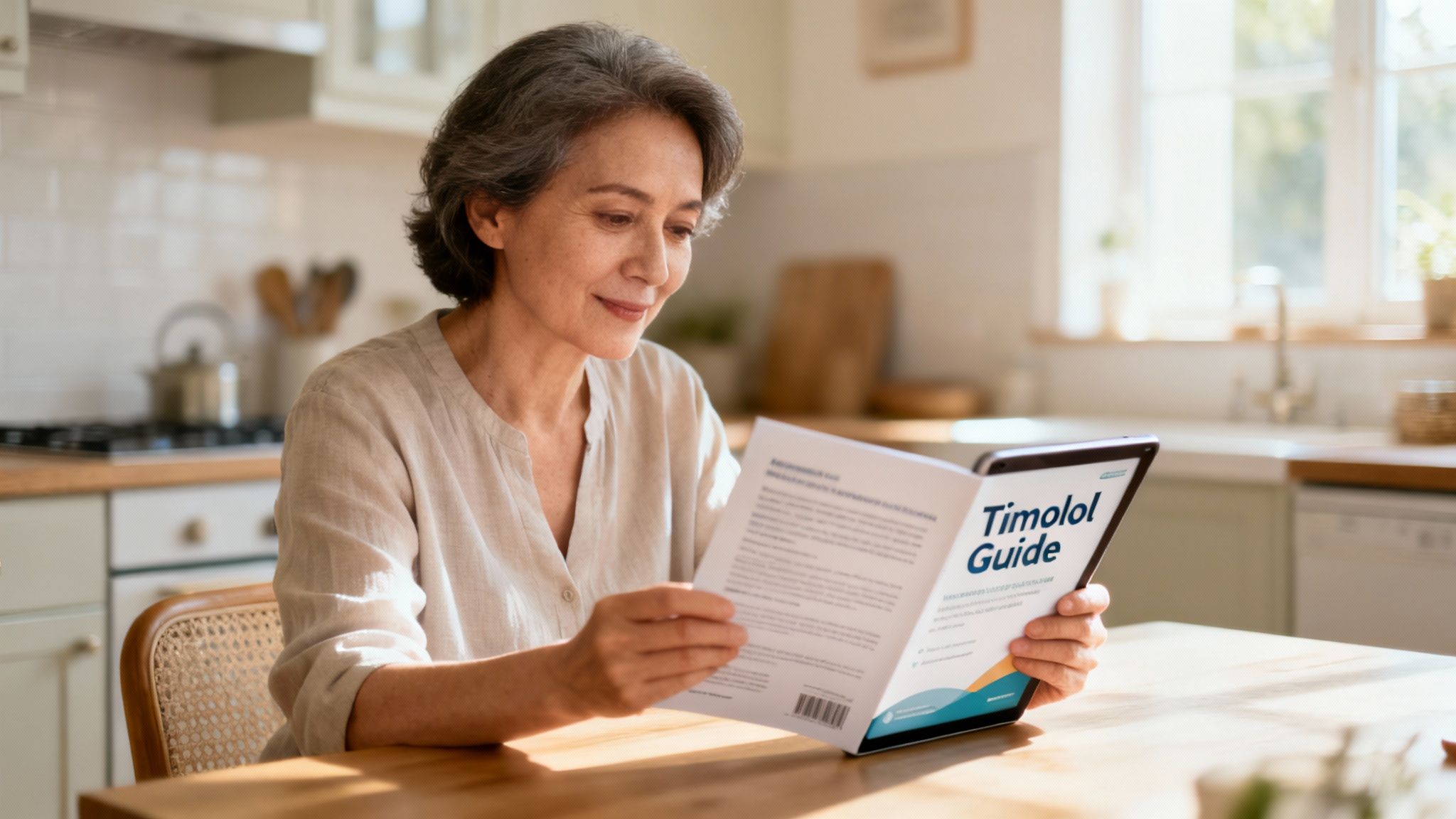 A smiling senior woman reads a "Timolol Guide" on a digital tablet in her bright kitchen.