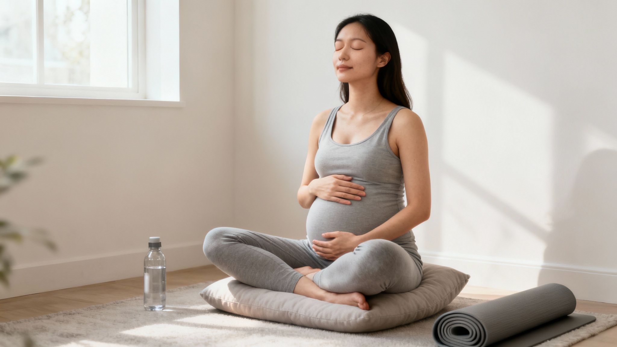 A pregnant Asian woman meditating calmly on a pillow in a sunlit room, hands on her baby bump.