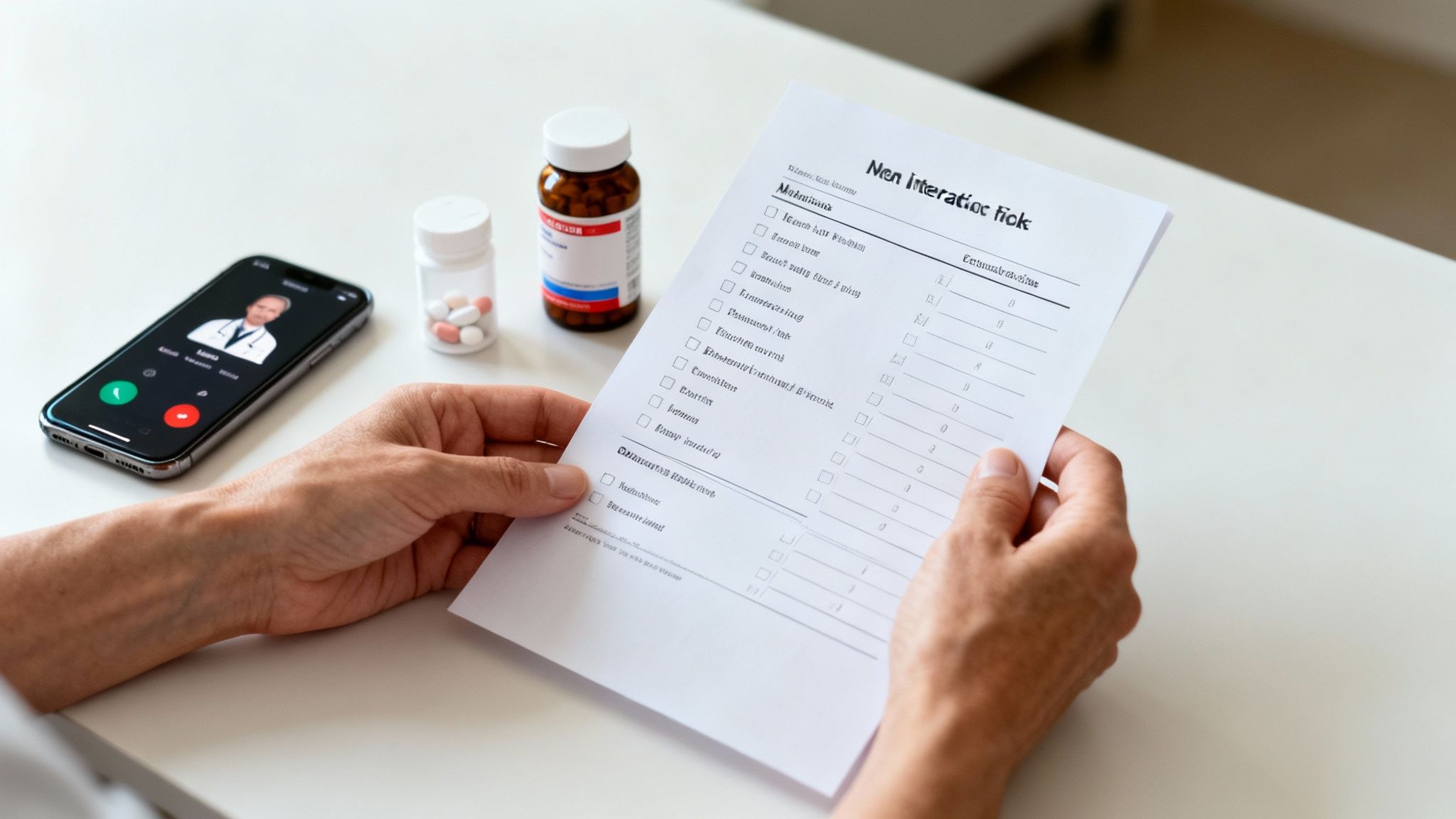 Person holds a medical form while on a video call with a doctor, surrounded by medication bottles.