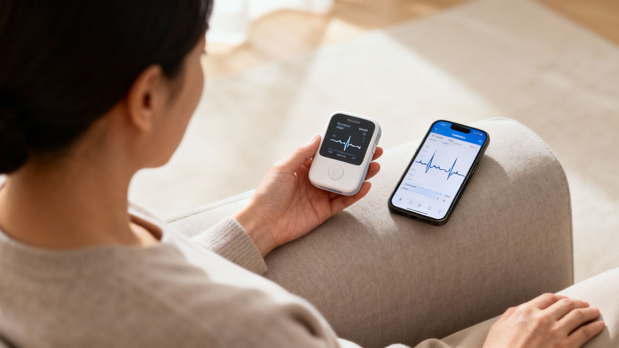 A person holds a portable ECG device and looks at a smartphone displaying heart rate data.