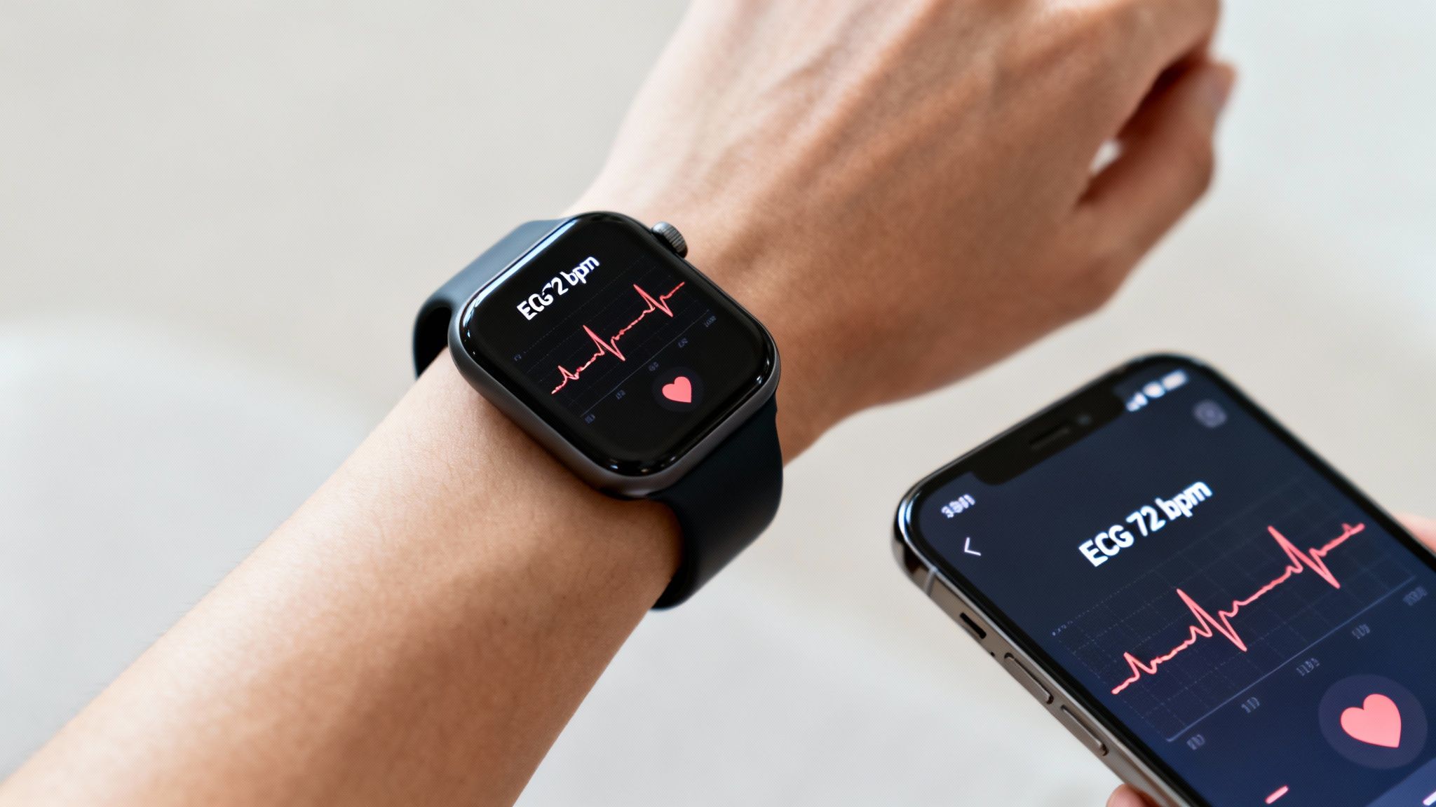 A person's wrist with a smartwatch and a hand holding a smartphone, both displaying ECG readings of 72 bpm.