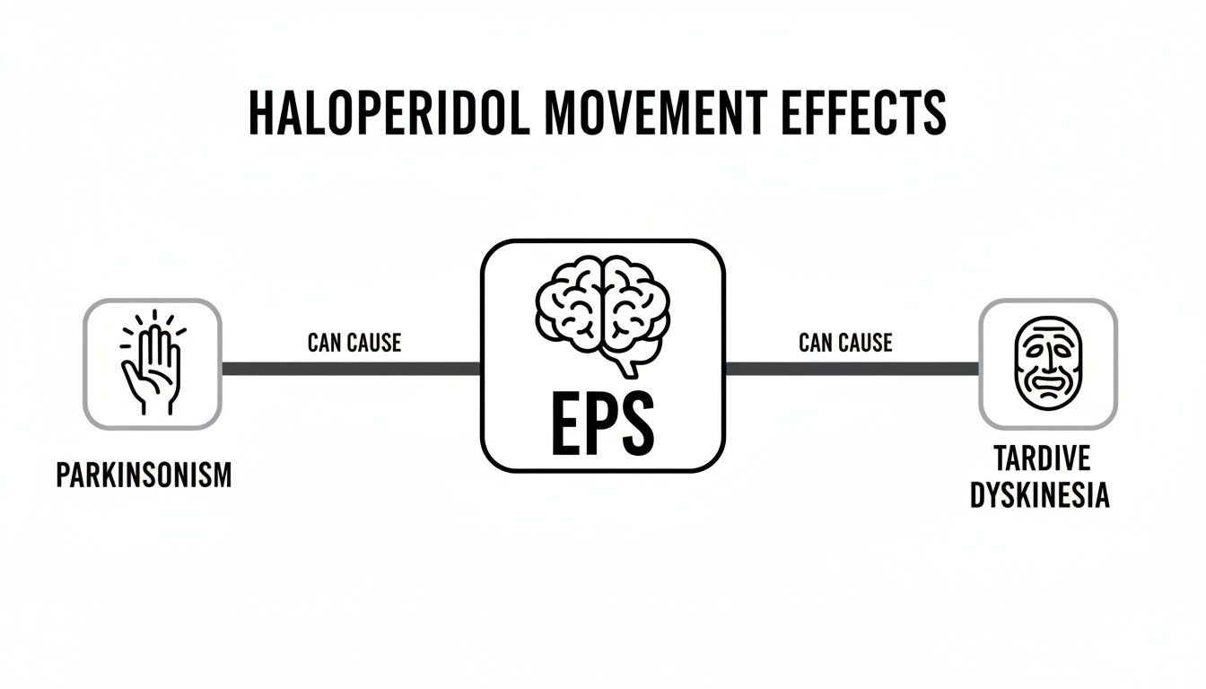 Diagram illustrating haloperidol's movement side effects, showing links between Parkinsonism, EPS, and Tardive Dyskinesia.