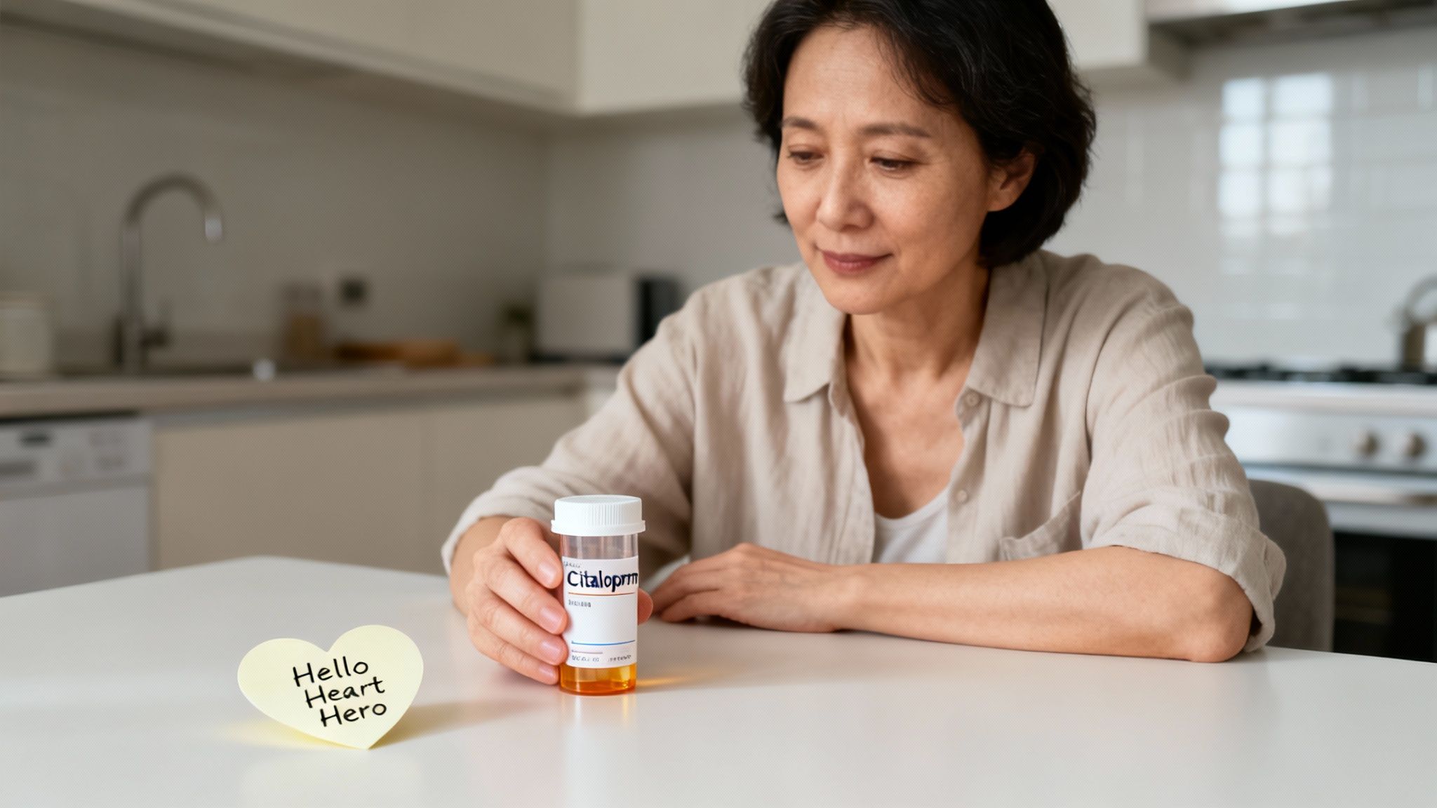 A middle-aged Asian woman holds a Citalopram medication bottle, with a 'Hello Heart Hero' note on the table.
