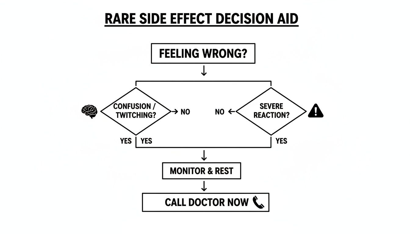 Flowchart for rare side effects, guiding actions based on symptoms like confusion, twitching, or severe reactions.