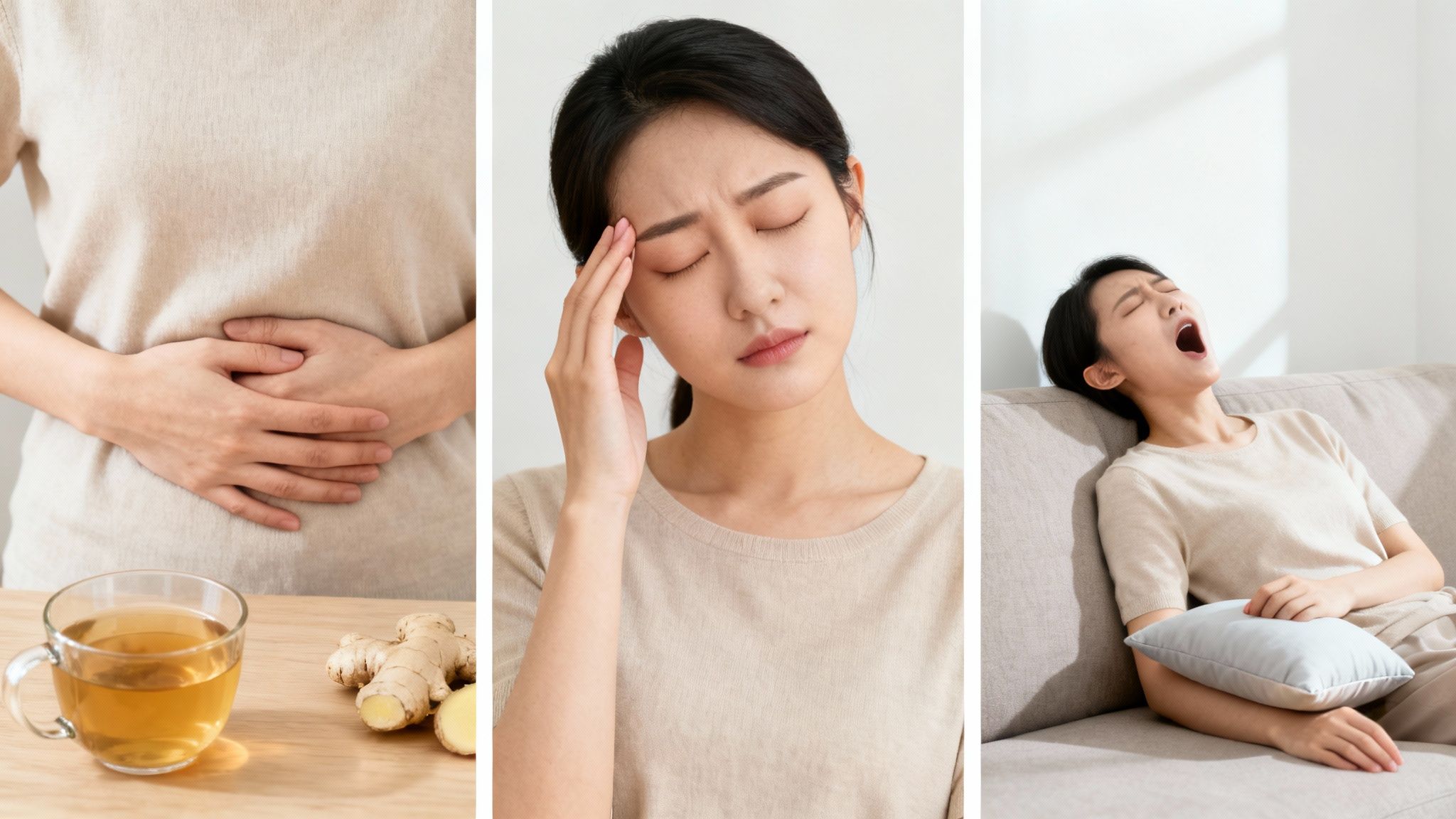 Three panels showing a woman with stomach pain and ginger, a headache, and yawning from fatigue.