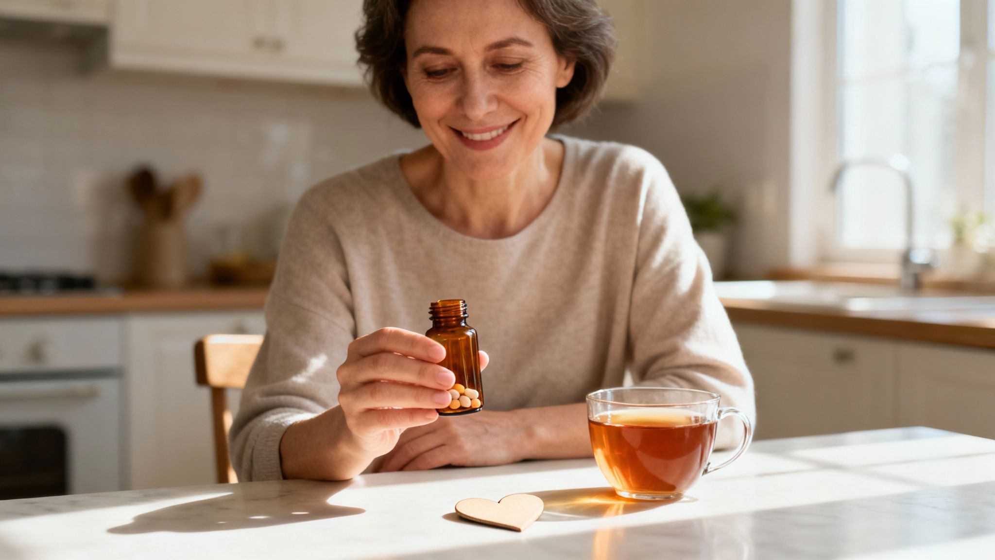 Happy middle-aged woman holding a pill bottle, with tea and a wooden heart on a kitchen table.
