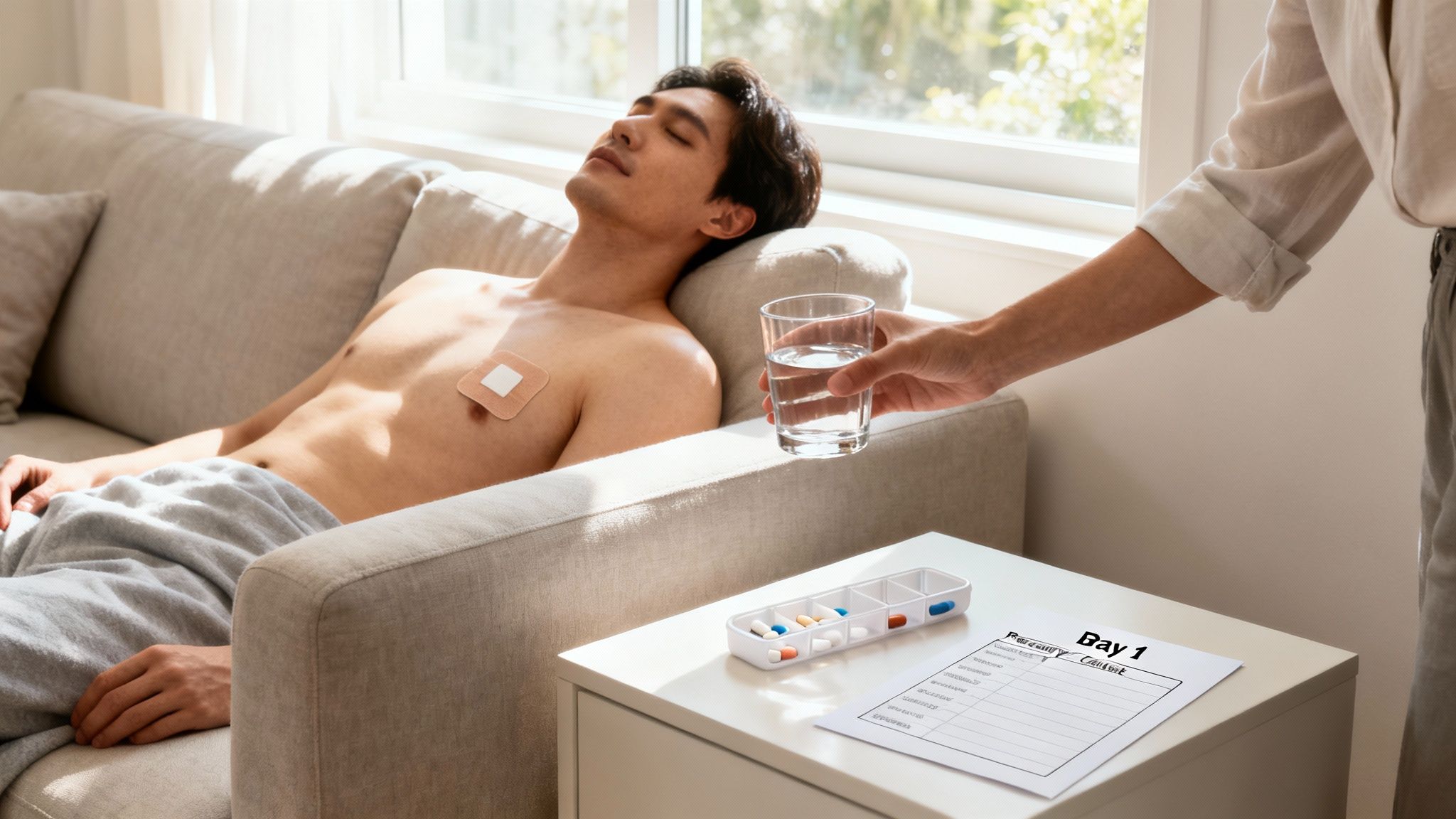 A patient rests on a couch with a chest bandage, receiving water and medication.