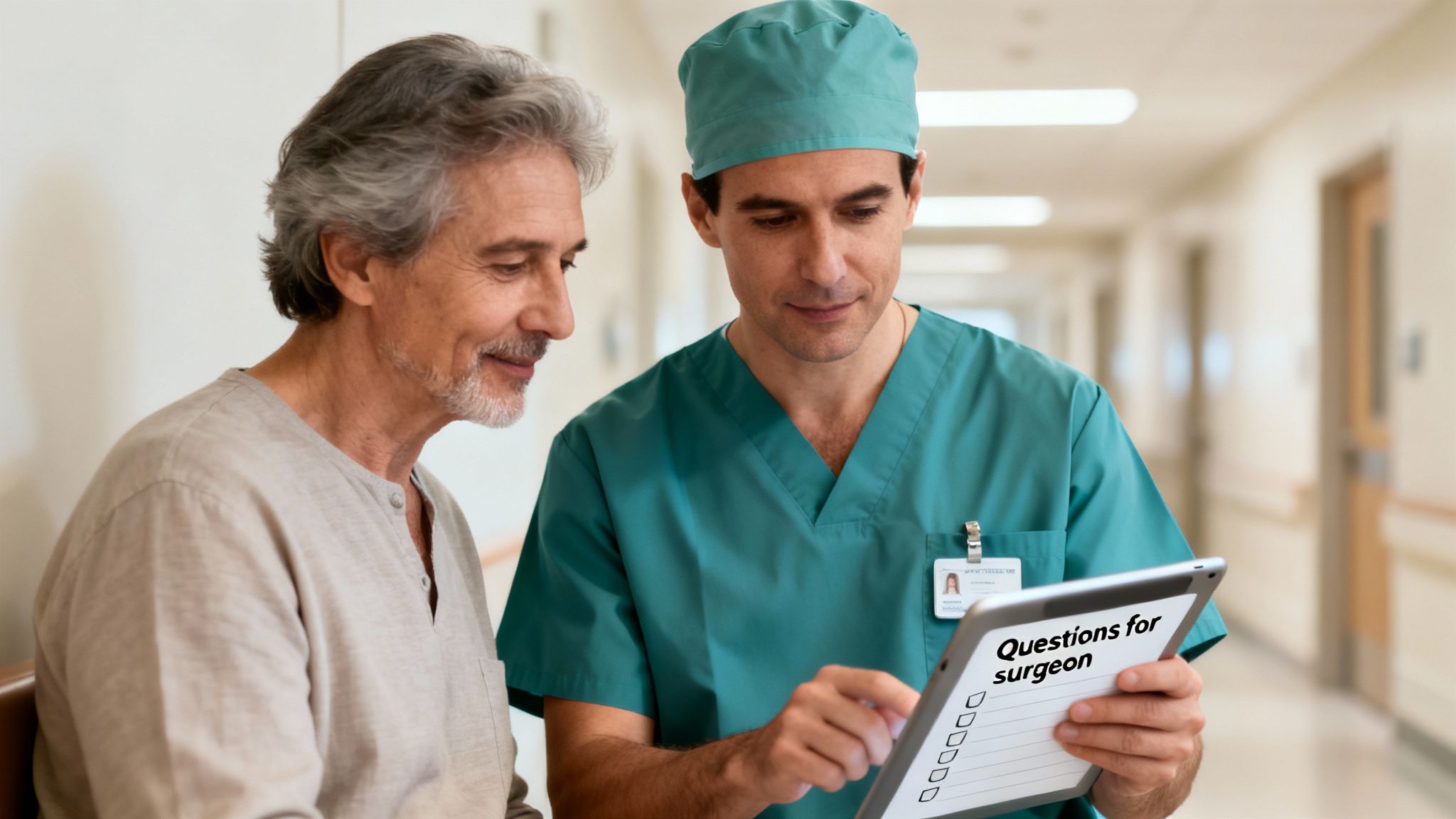 A male doctor and a smiling male patient review a checklist of questions for a surgeon on a tablet.