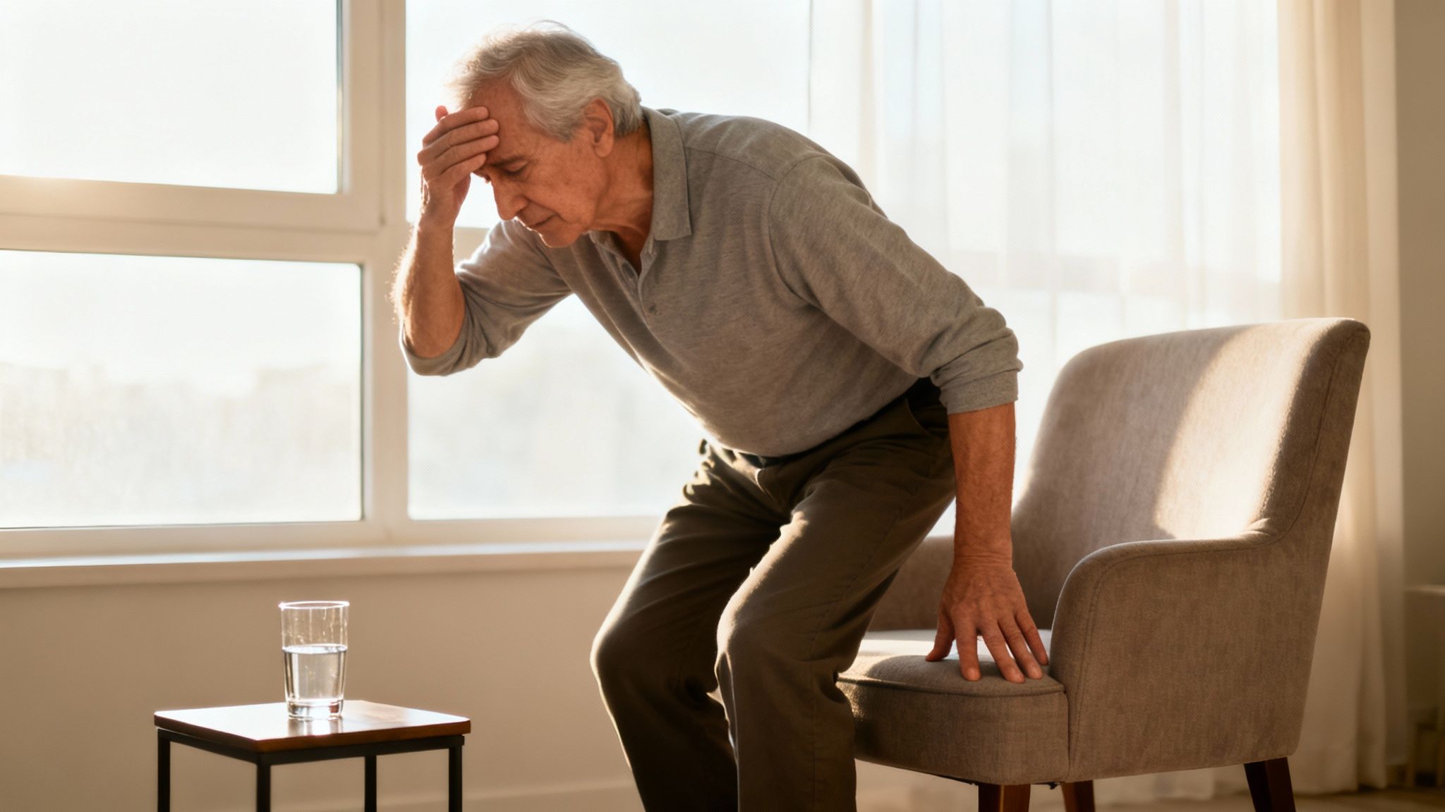 An elderly man feeling unwell, holding his head and leaning on a chair, with a glass of water nearby.