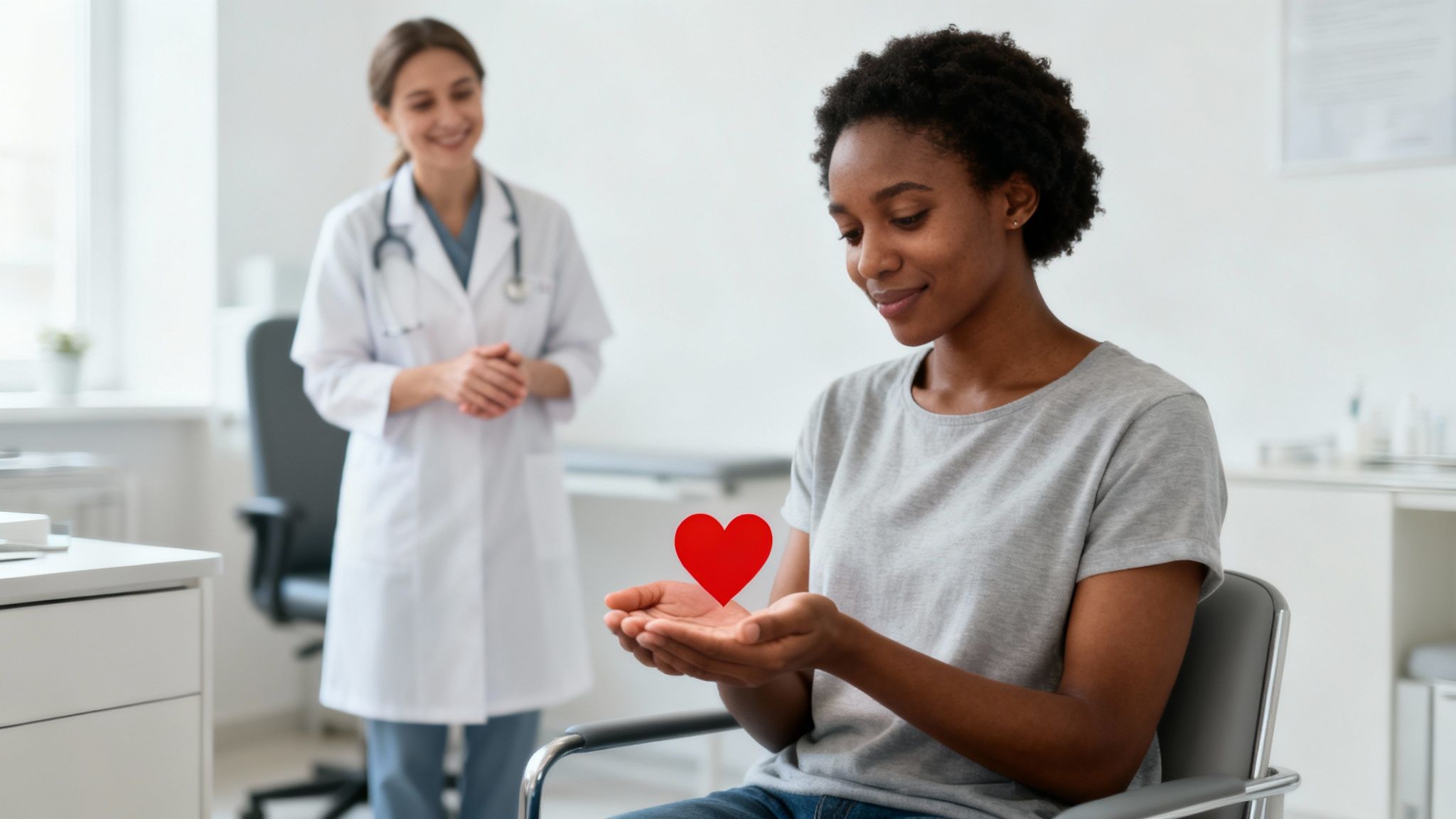 African American woman holding a red heart symbol, with a doctor smiling in the background.