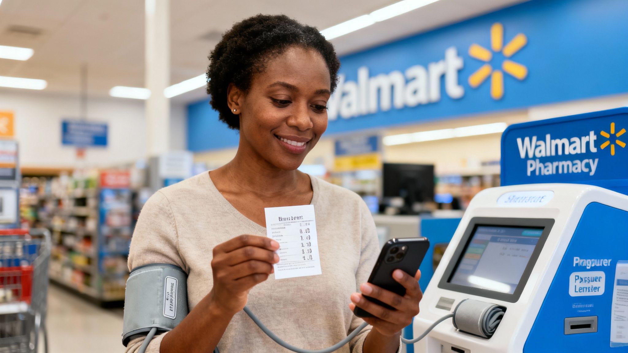 A smiling Black woman reviews her blood pressure results at a Walmart Pharmacy machine.