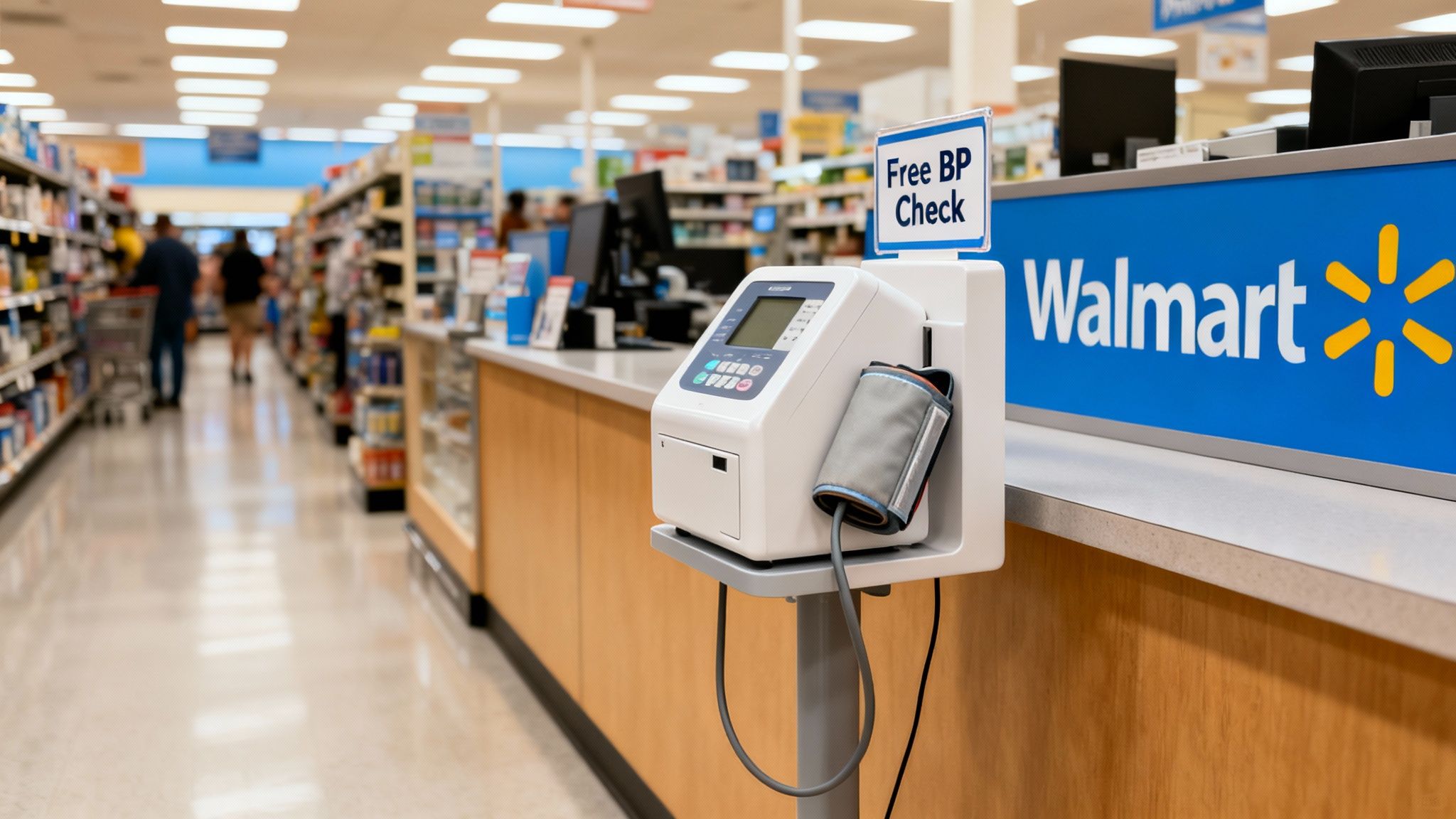 A free blood pressure testing station at a Walmart pharmacy, with store aisles and shoppers in the background.
