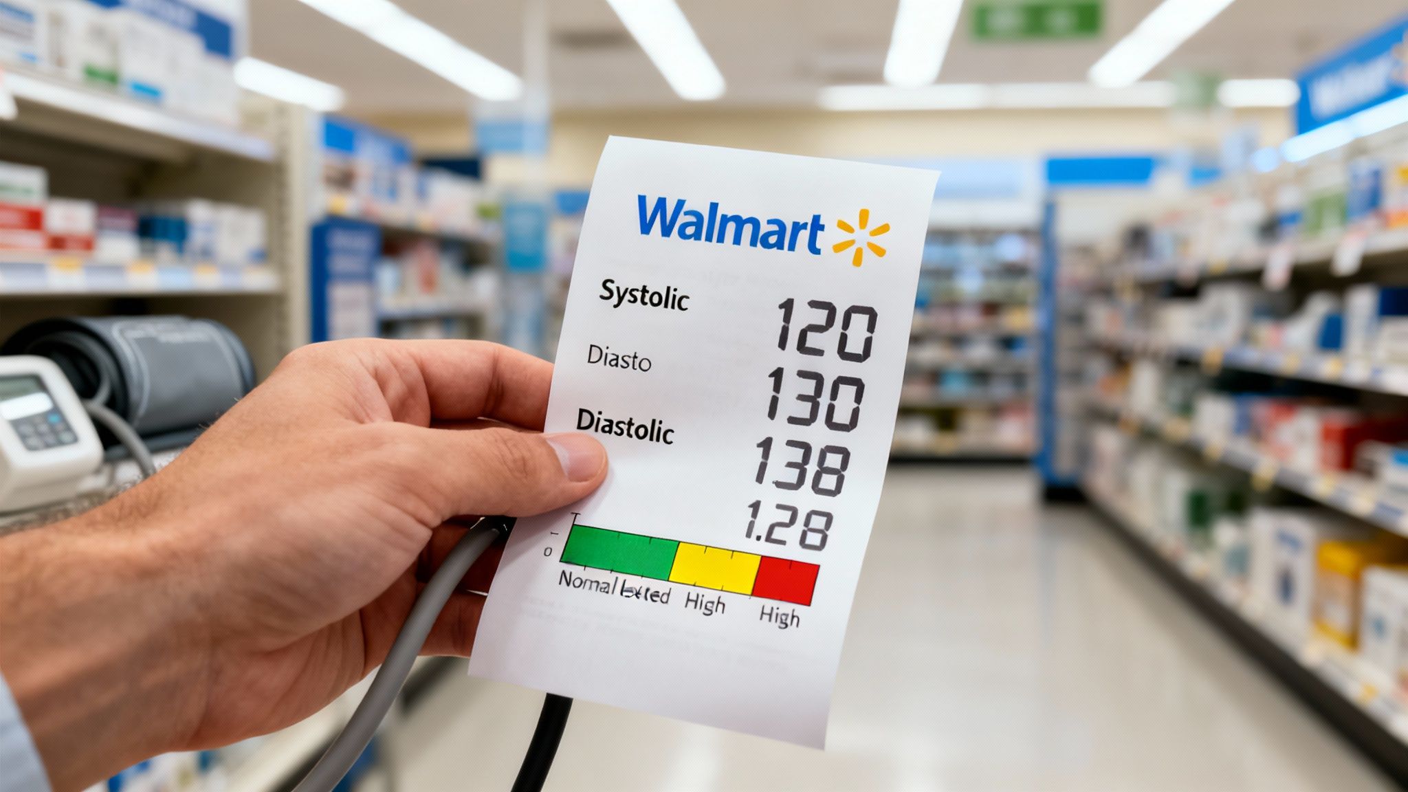 Hand holds a Walmart blood pressure test receipt displaying high systolic and diastolic readings.