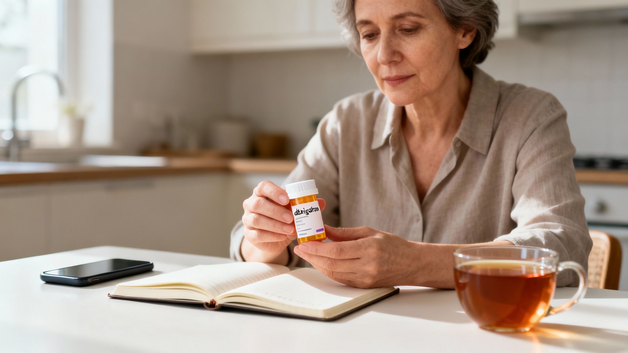 Senior woman reads prescription label for dabigatran, with a notebook, phone, and tea on the table.