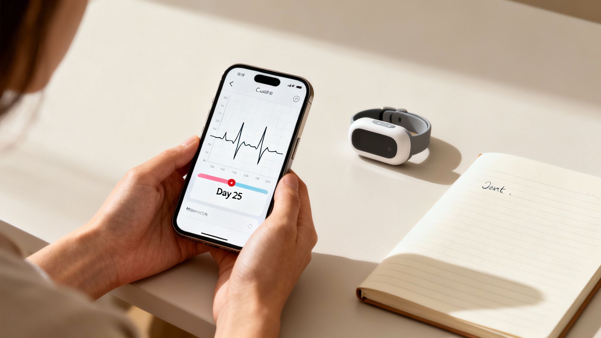 A person holds a smartphone displaying a heart rate graph and 'Day 25,' with a wearable monitor and notebook on a desk.