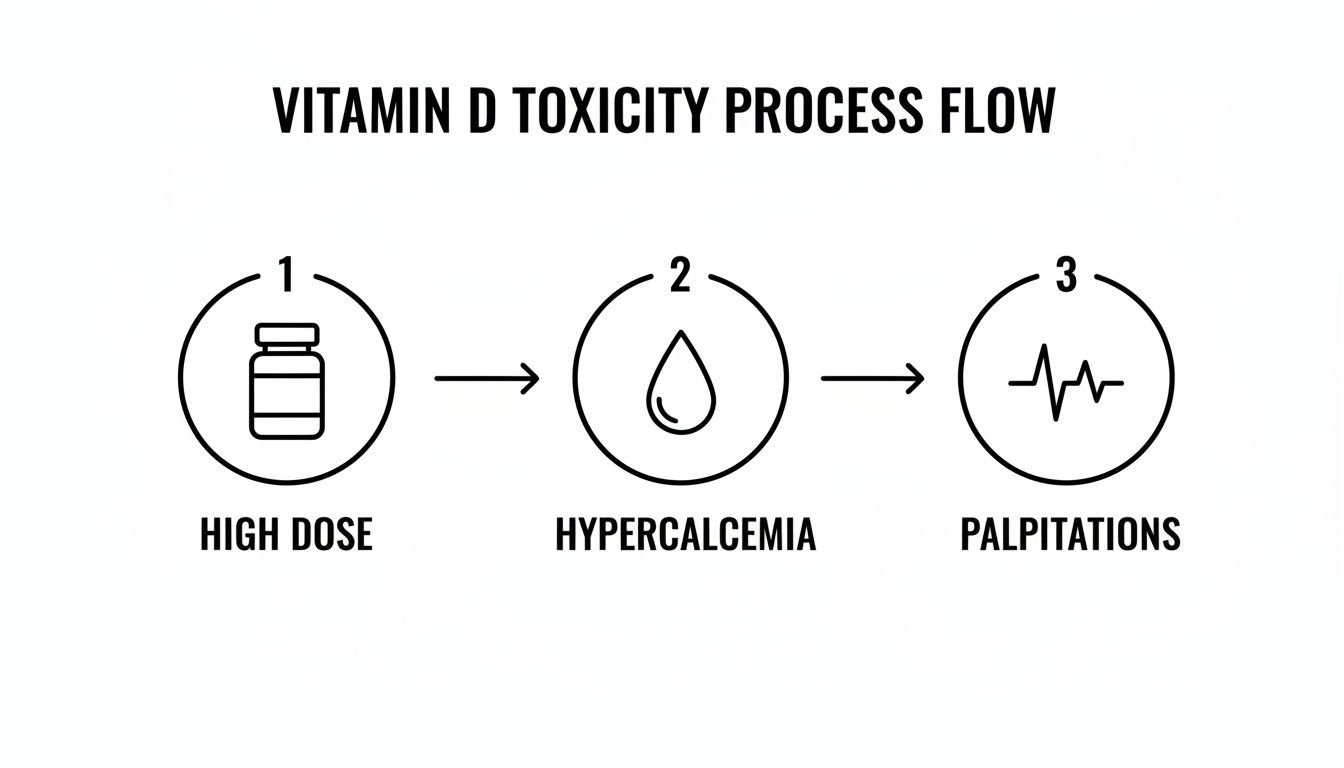 Process flow diagram illustrating Vitamin D toxicity from high dose to hypercalcemia and palpitations.