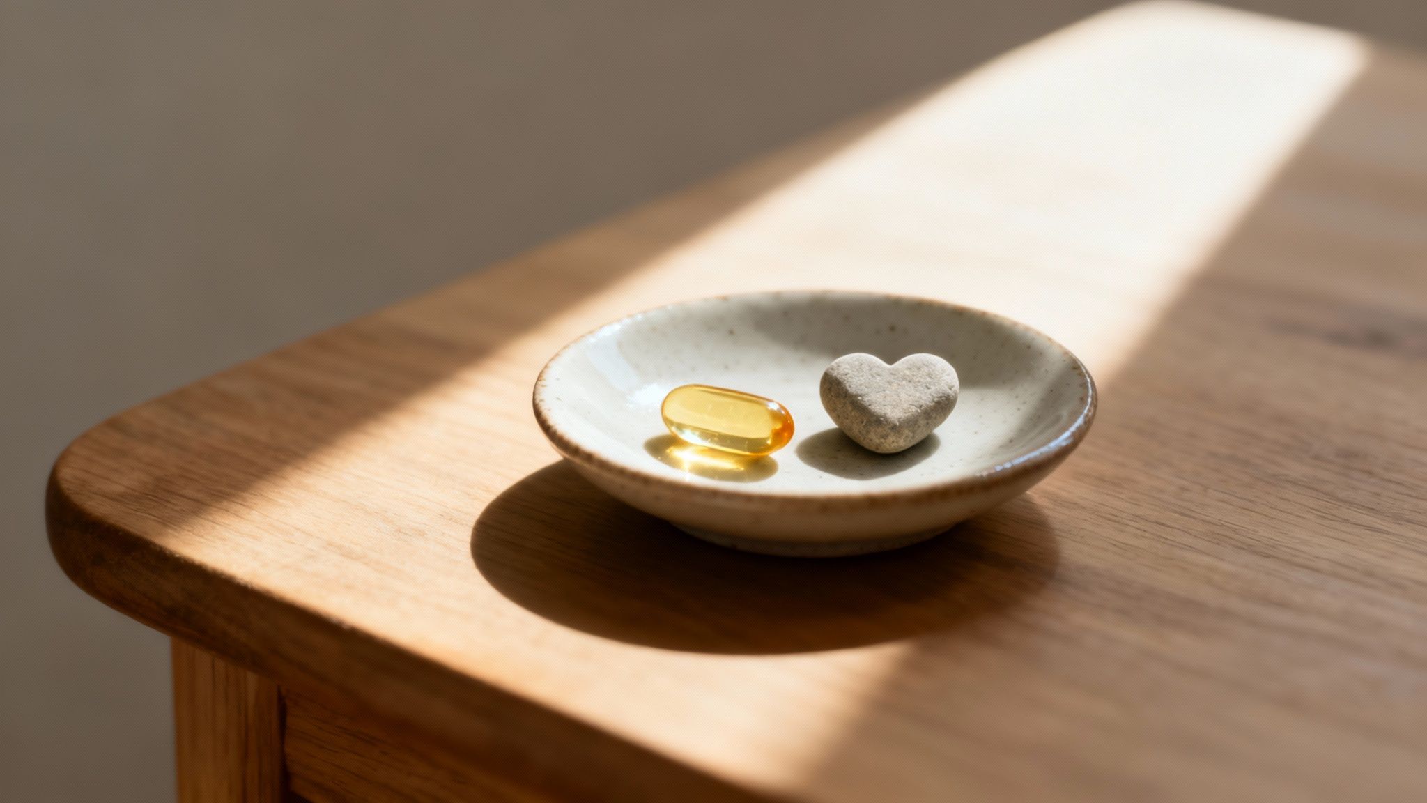 A yellow vitamin D capsule and a heart-shaped stone in a small dish on a sunlit wooden table.
