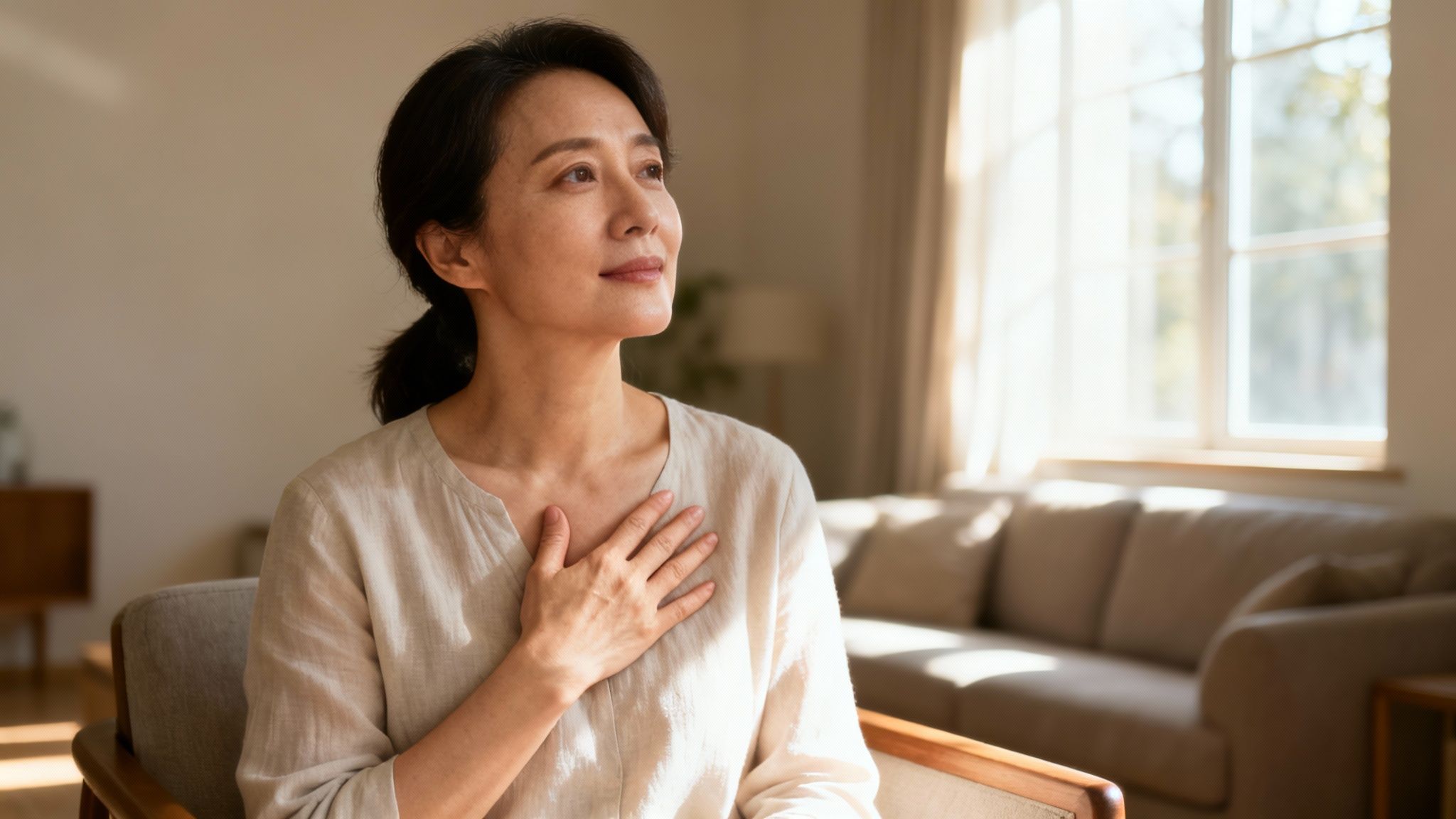 Serene Asian woman in sunlight, hand over heart, looking up thoughtfully in a bright living room.