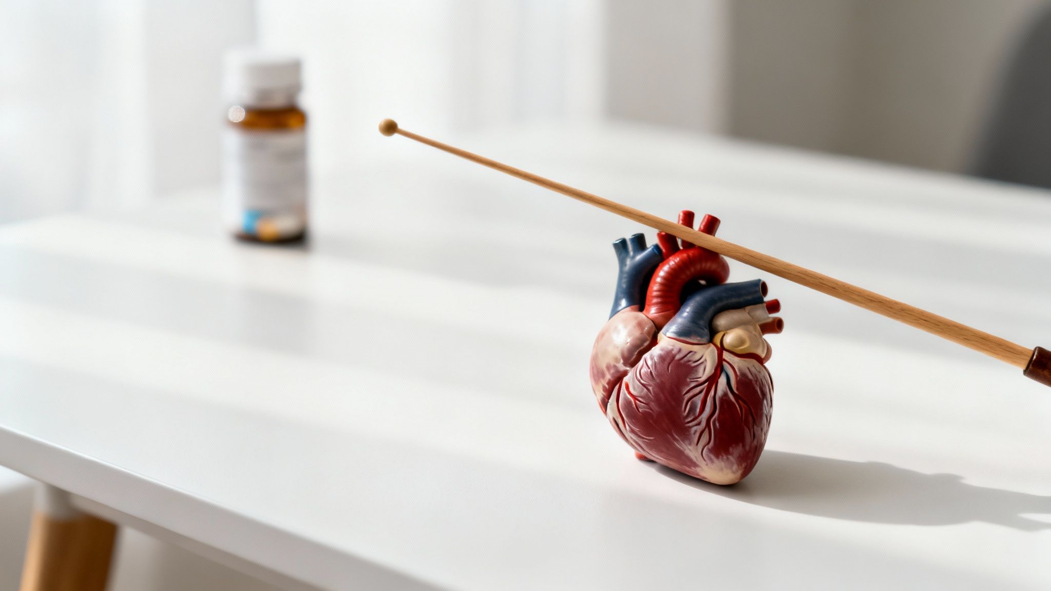 Anatomical human heart model with a pointer stick and blurred pill bottle, symbolizing cardiovascular health.