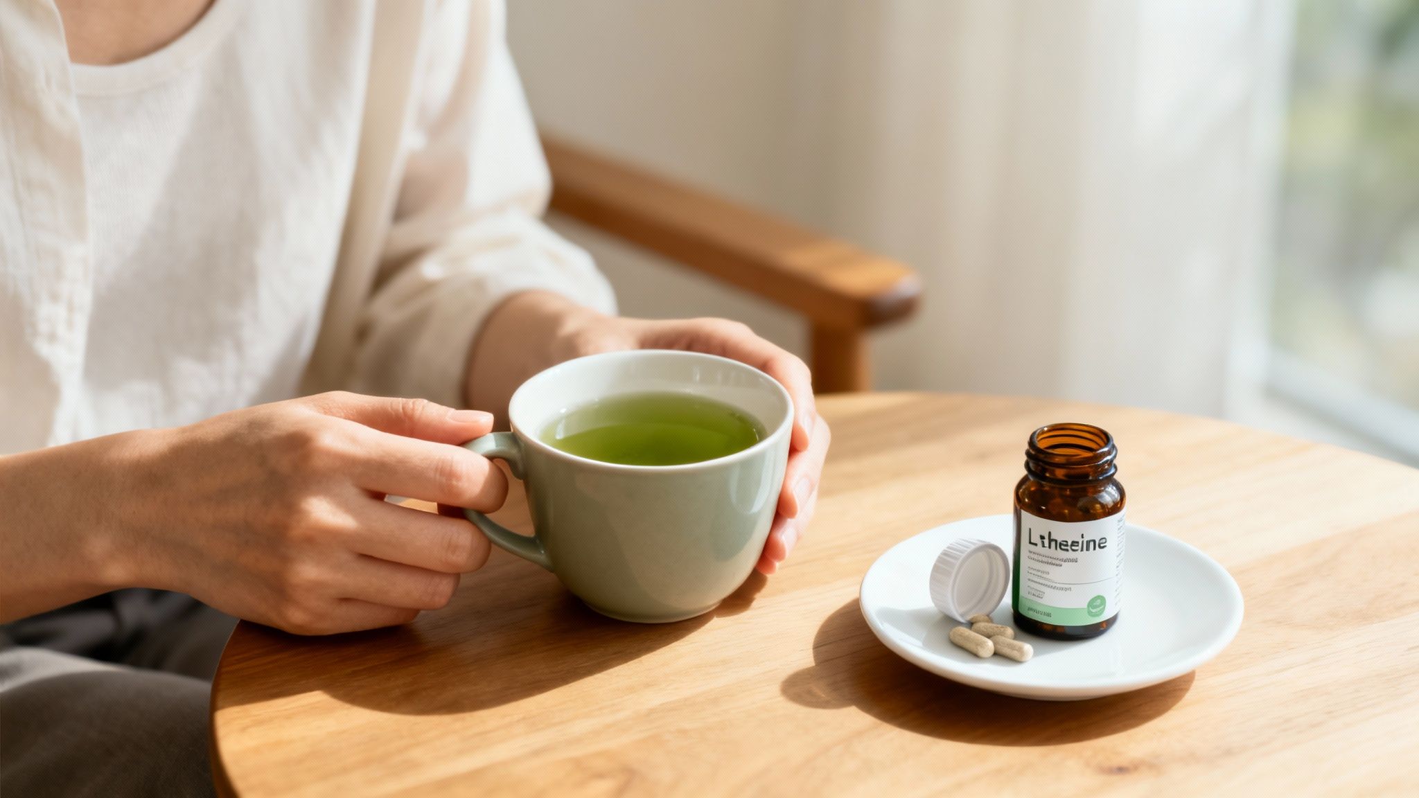 A person's hands cup a green tea mug, with L-theanine supplements on a wooden table.