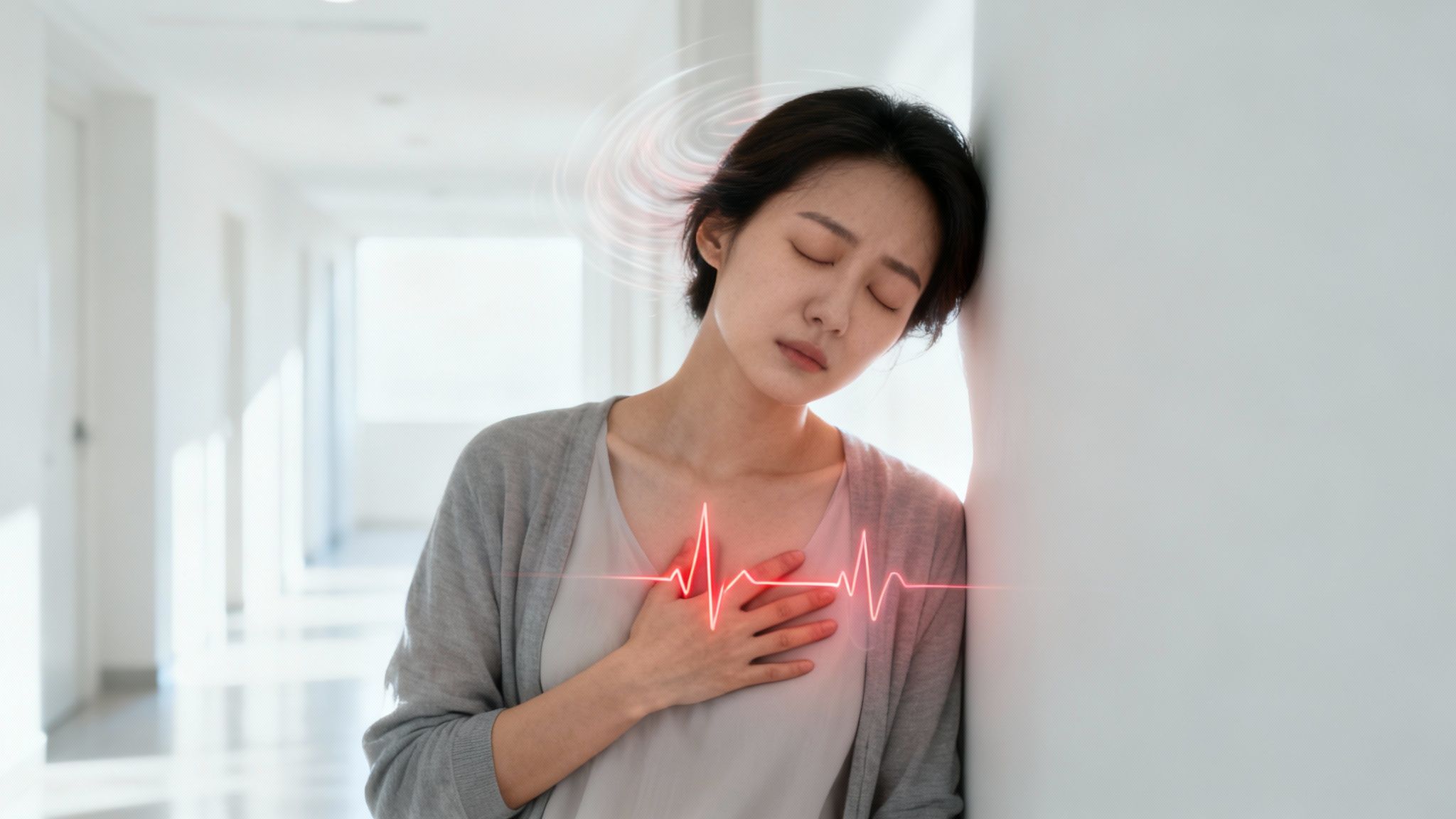 Young Asian woman leaning against a wall, experiencing chest pain and dizziness, with symbolic heartbeat and head swirls.