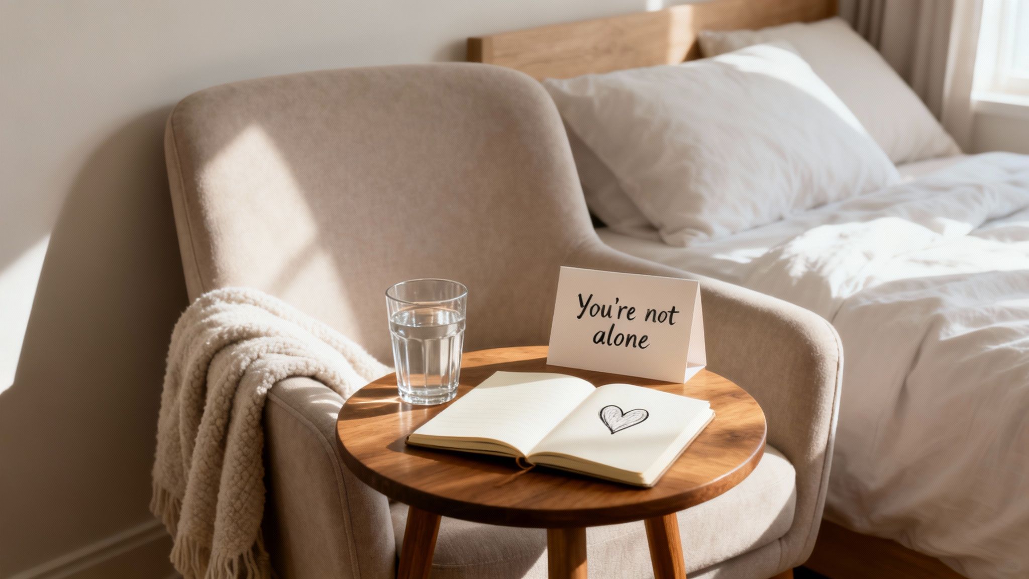 A cozy bedroom with an armchair, side table, water, notebook, and 'You're not alone' card.