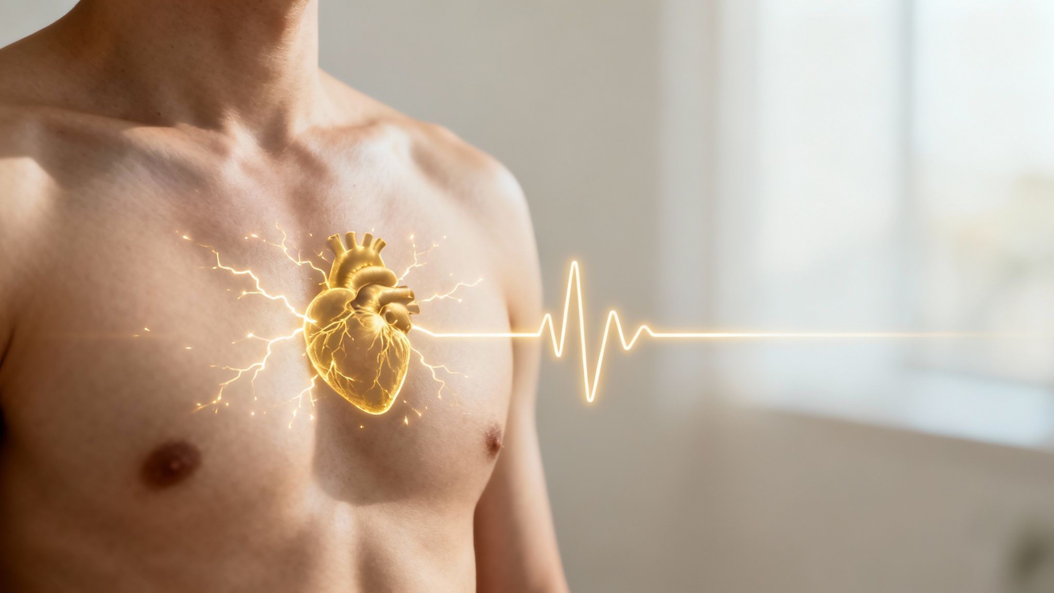 A digital illustration of a glowing human heart with electric sparks and an ECG wave on a person's chest.
