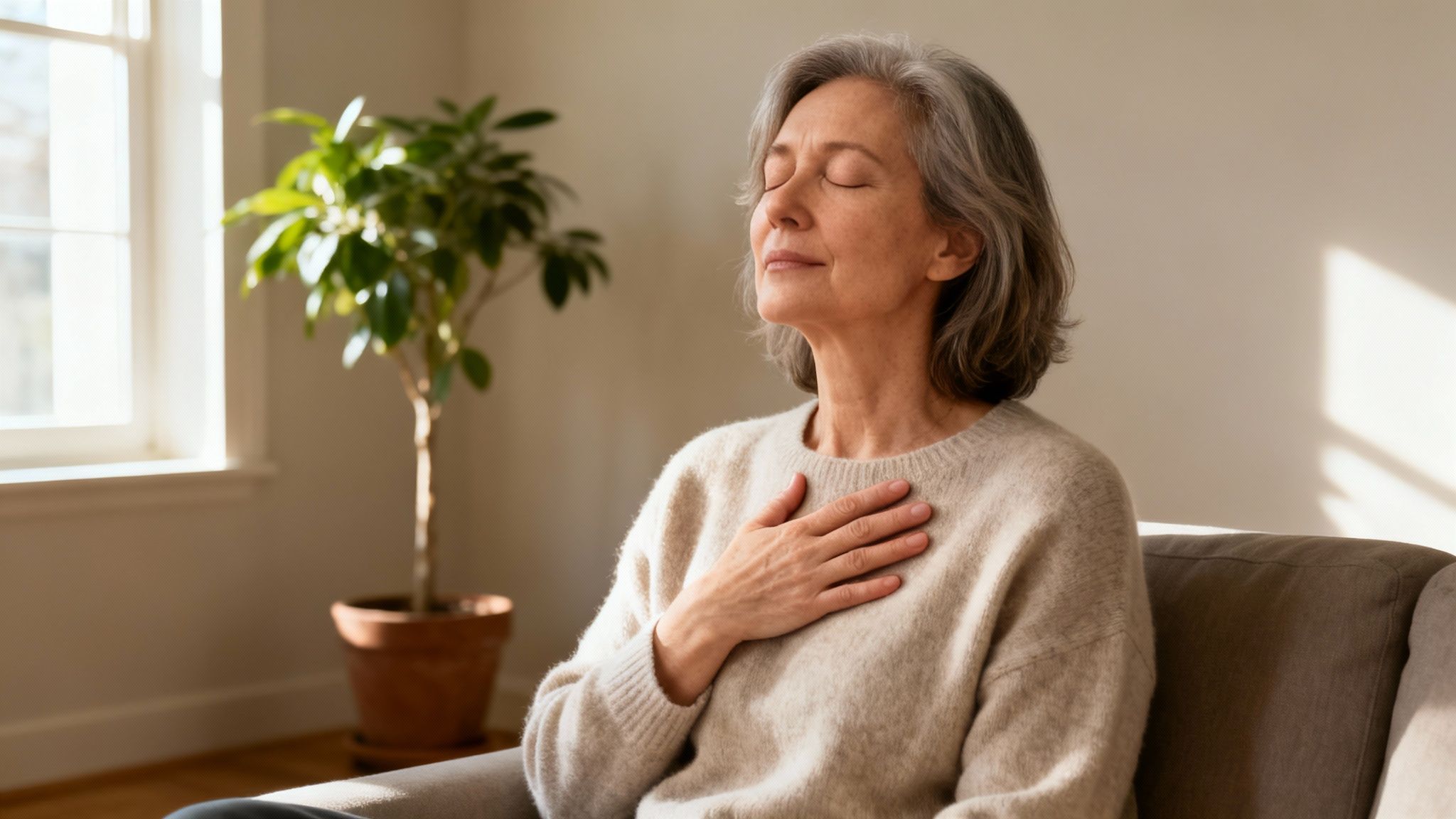 Calm mature woman with closed eyes and hand on chest, practicing mindfulness at home.