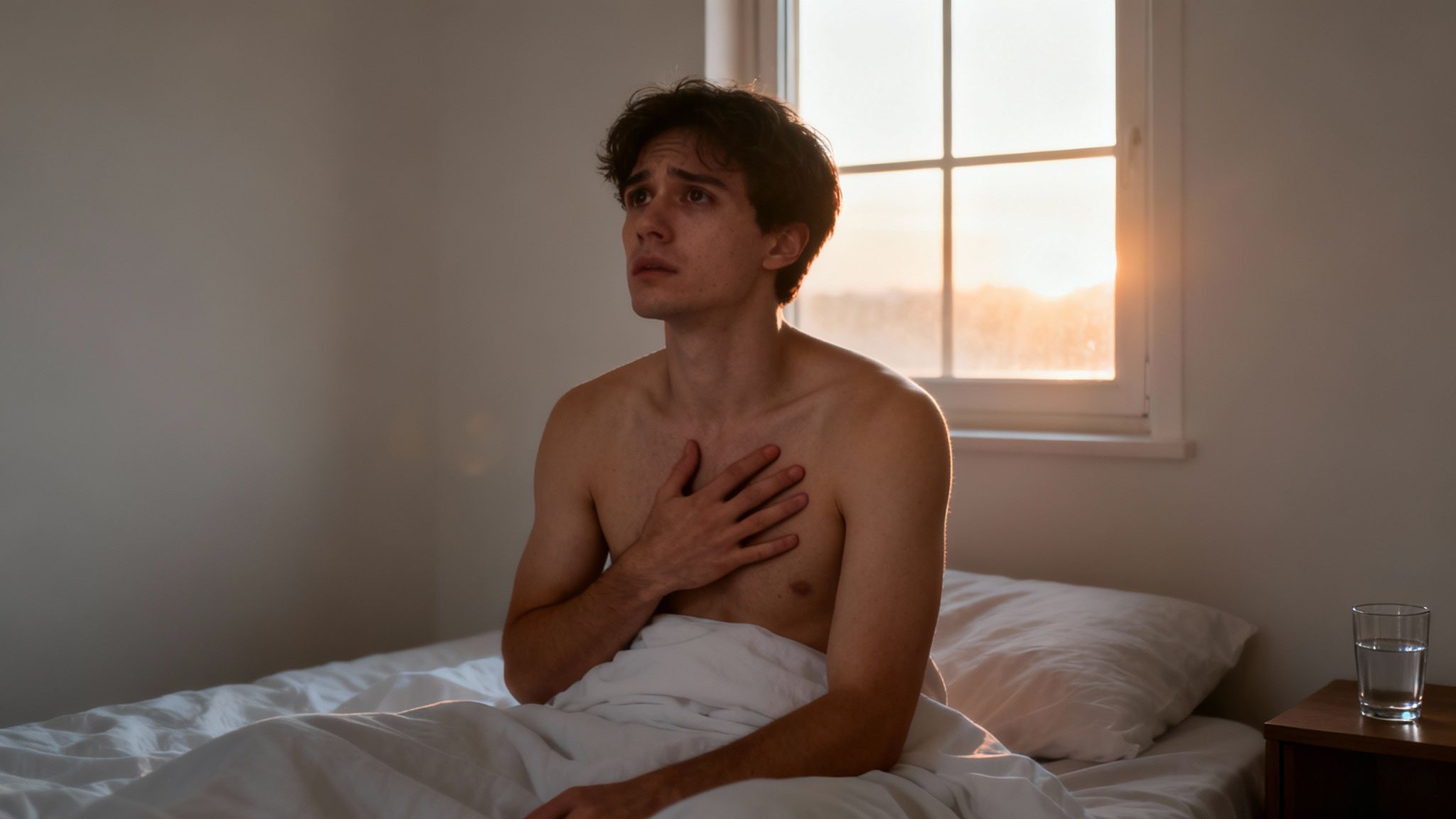 A young man wakes up in bed, looking distressed, holding his chest with concern.