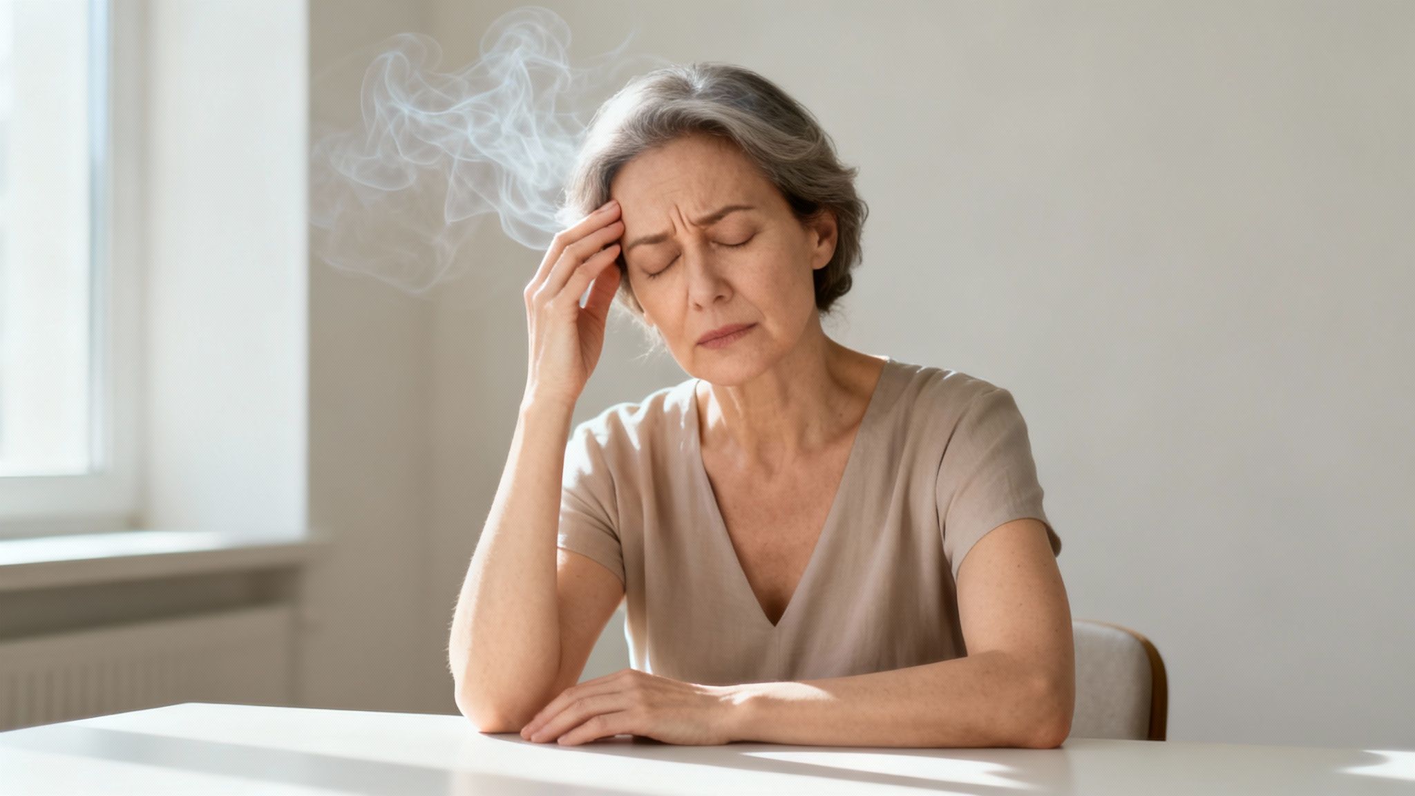 A middle-aged woman with closed eyes and hand on her forehead, depicting a severe headache or hot flash.