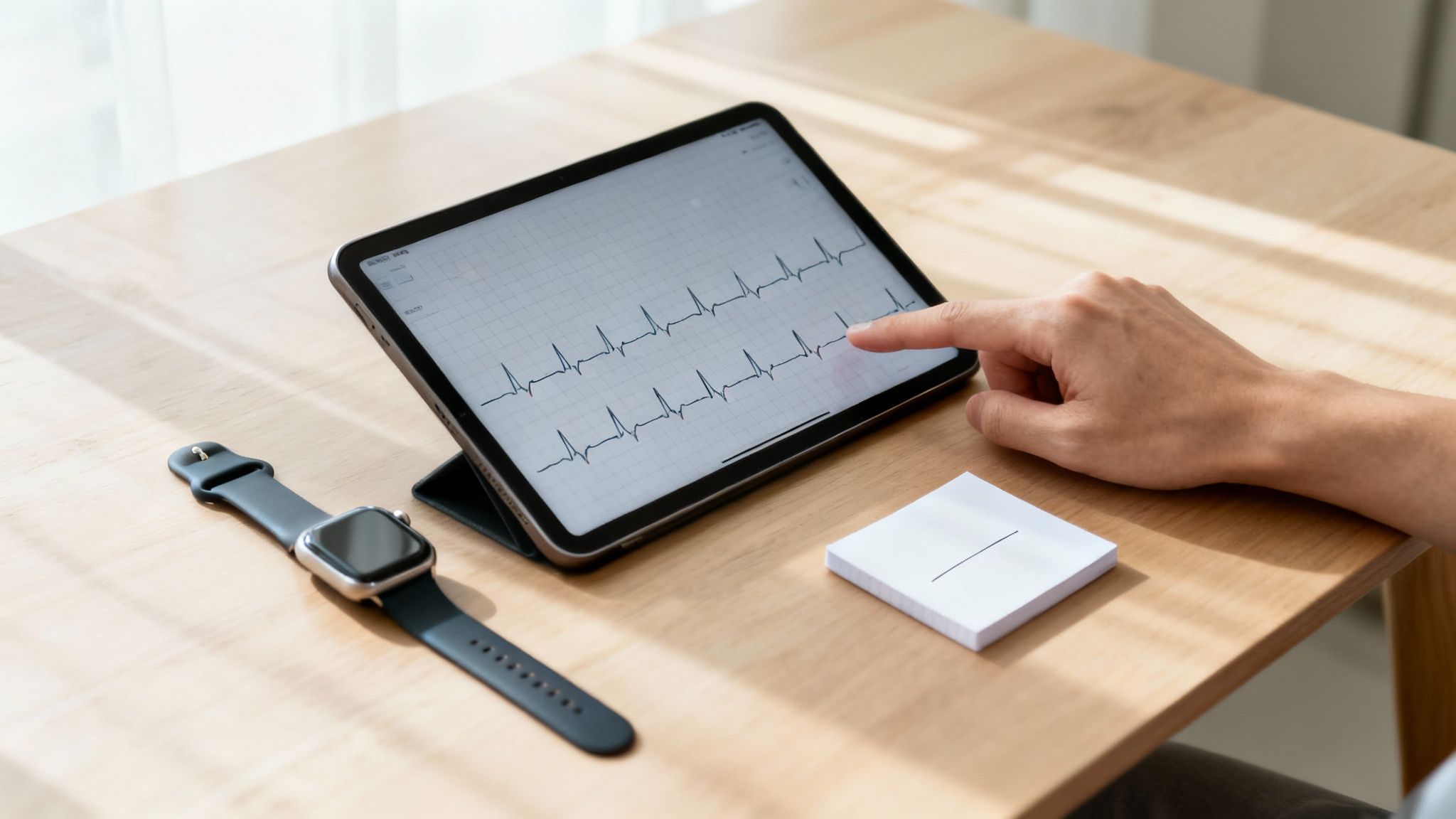 A hand interacts with a tablet displaying an ECG waveform, with a smartwatch on a wooden desk.