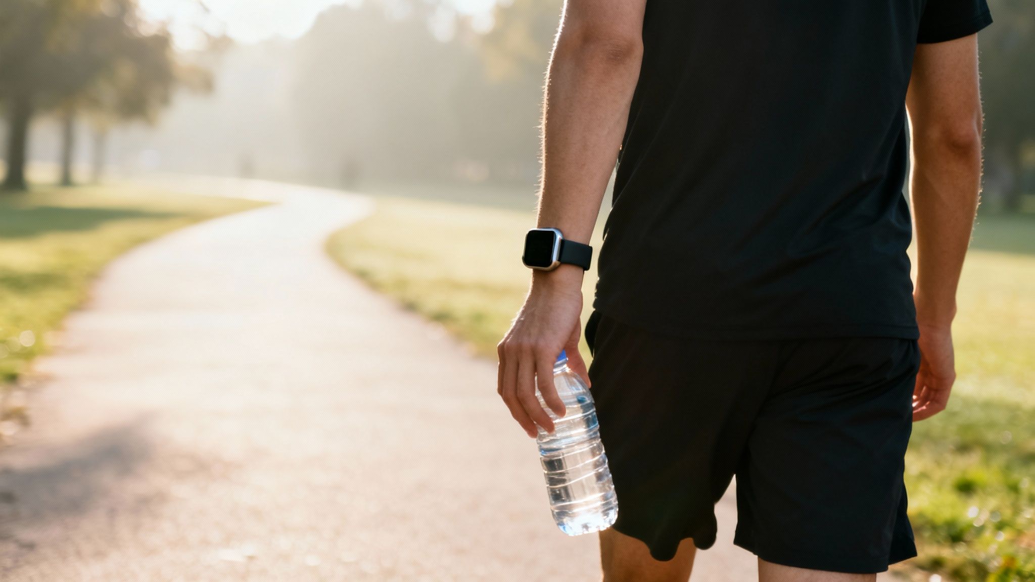 A person in athletic wear walks along a winding park path, holding a water bottle and wearing a smartwatch.