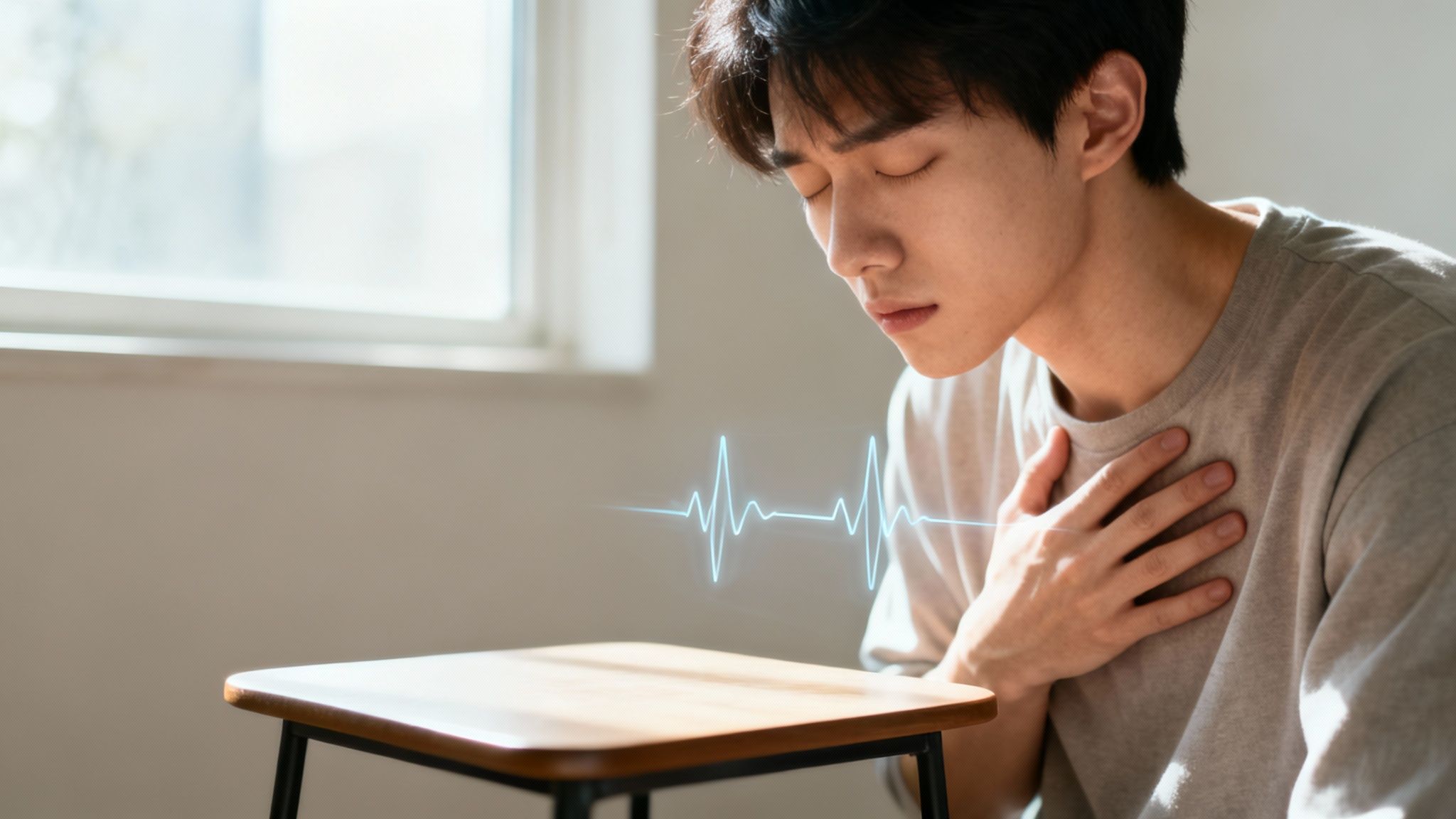 A young man with closed eyes clutching his chest, a digital heartbeat overlaid, indicating pain.