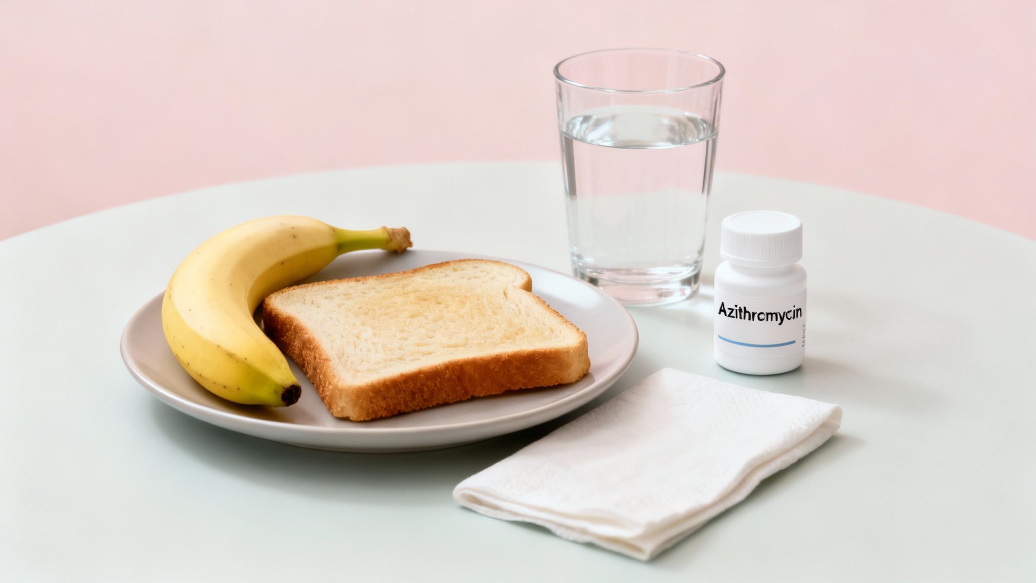 Azithromycin bottle, water glass, banana, and toast on a table for medication.