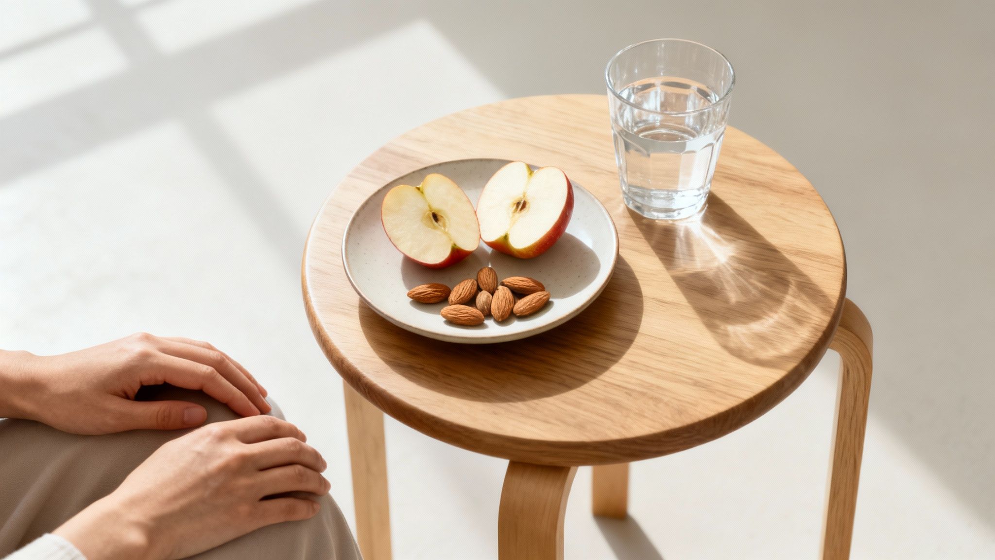 Healthy snack with apple halves, almonds, and a glass of water on a wooden table.