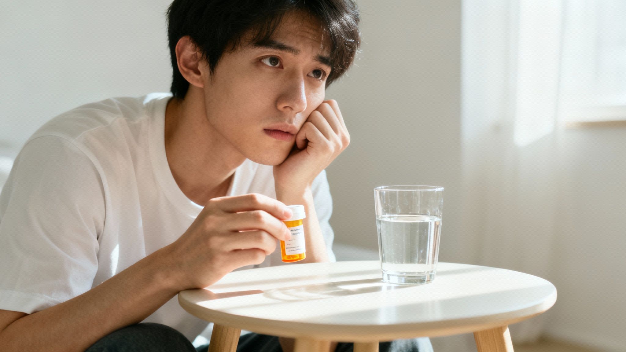 Pensive young man holding a pill bottle, with a glass of water on a table.