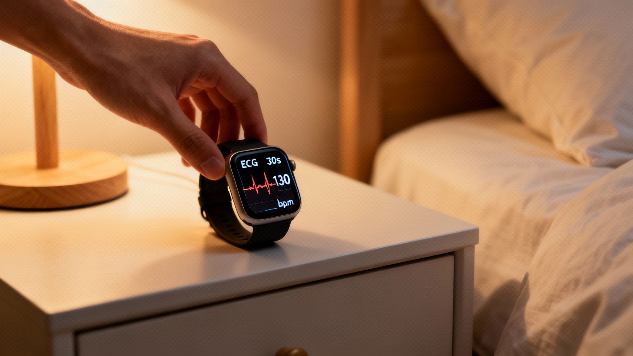 A person's hand places a smartwatch on a bedside table, displaying a 130 bpm heart rate.