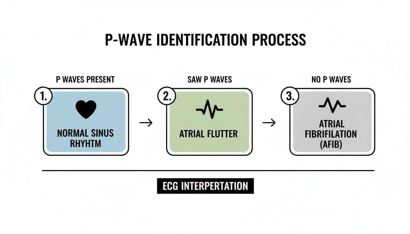 Flowchart on P-wave identification for ECG interpretation: normal sinus rhythm, atrial flutter, and atrial fibrillation.