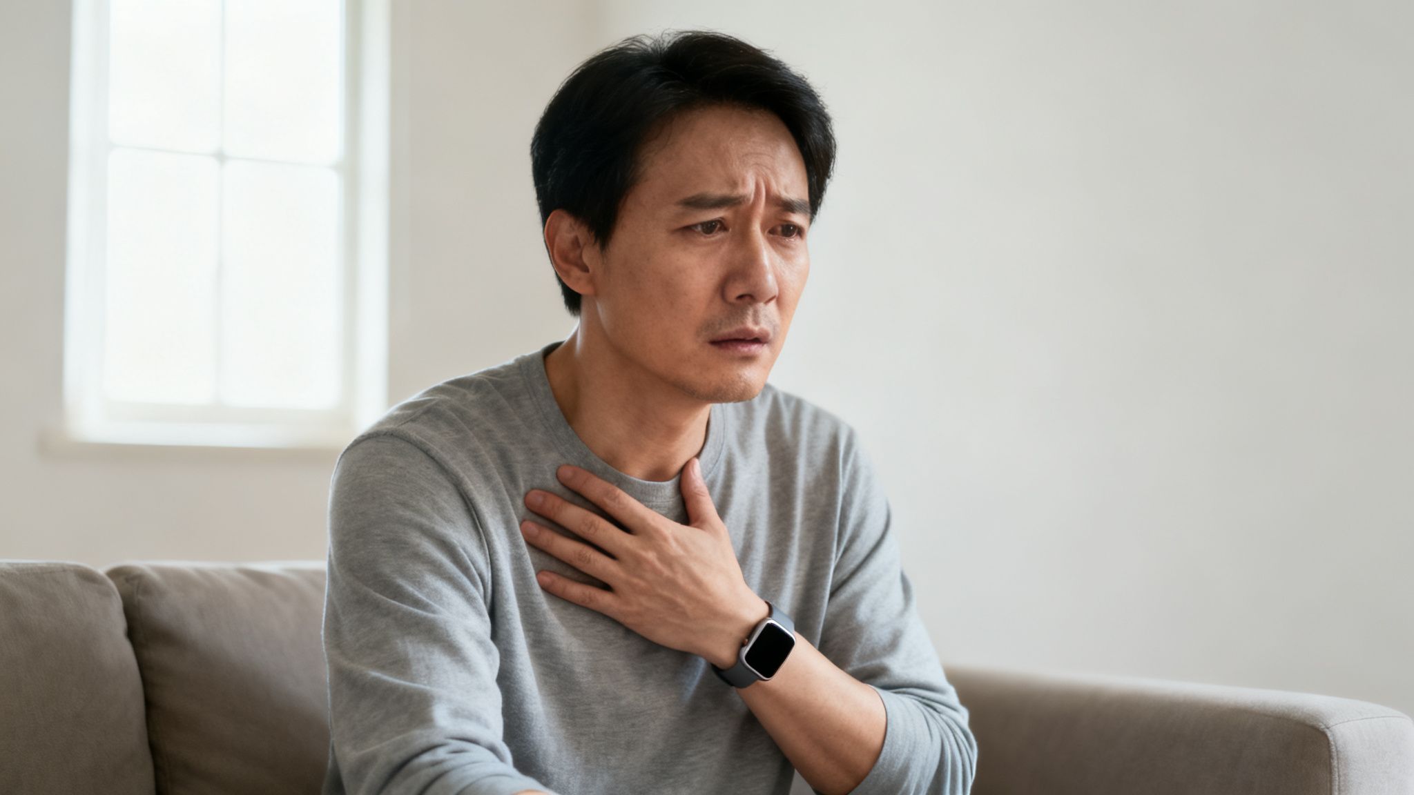 Distressed Asian man holding his chest, possibly experiencing a panic attack or heart issue.