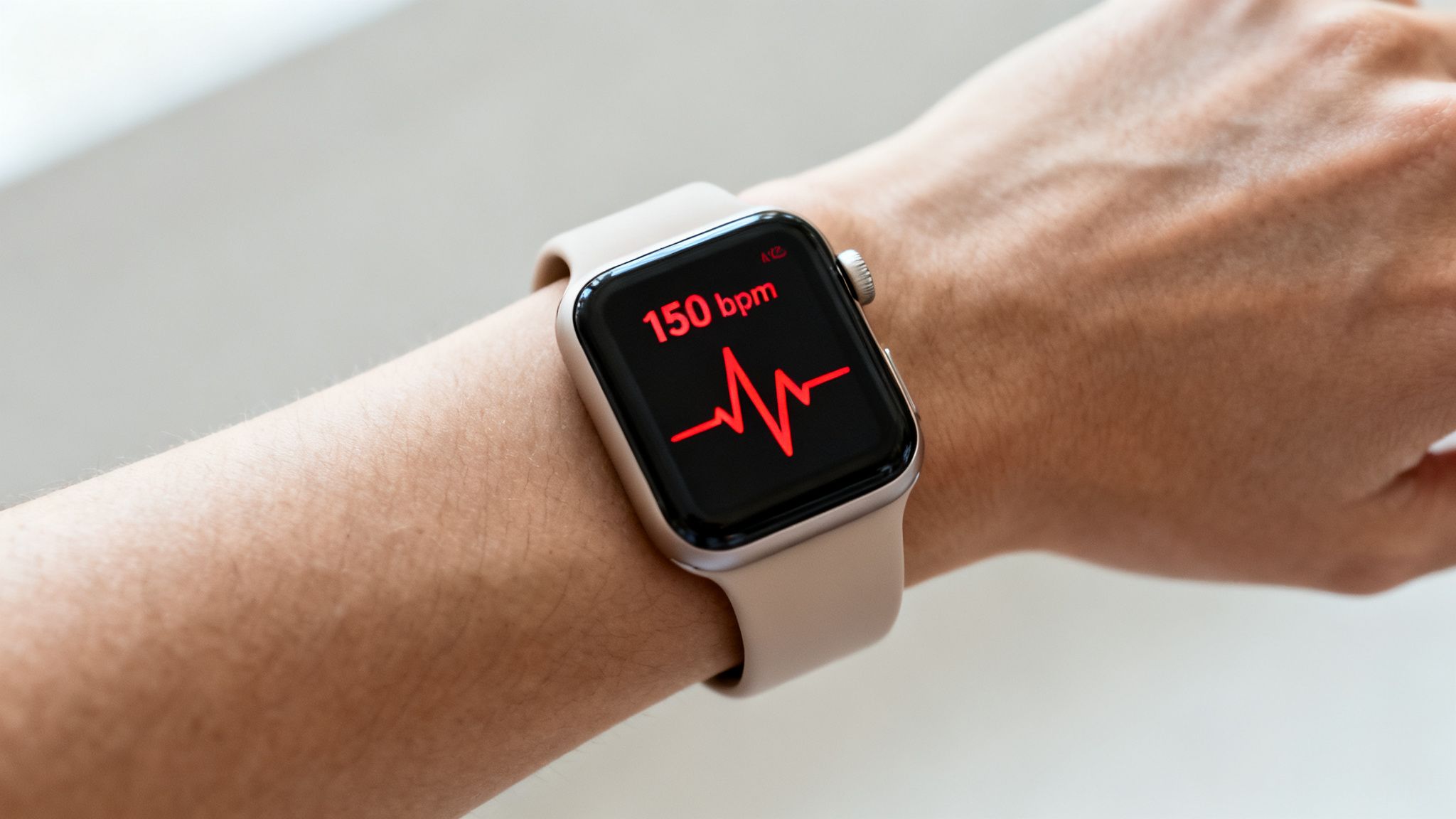 A person's wrist wearing a smartwatch displaying a high heart rate of 150 bpm and an ECG.