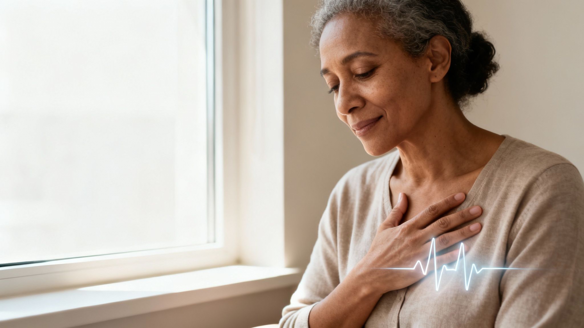 A thoughtful senior woman holds her hand to her chest, with a glowing heart rate line.