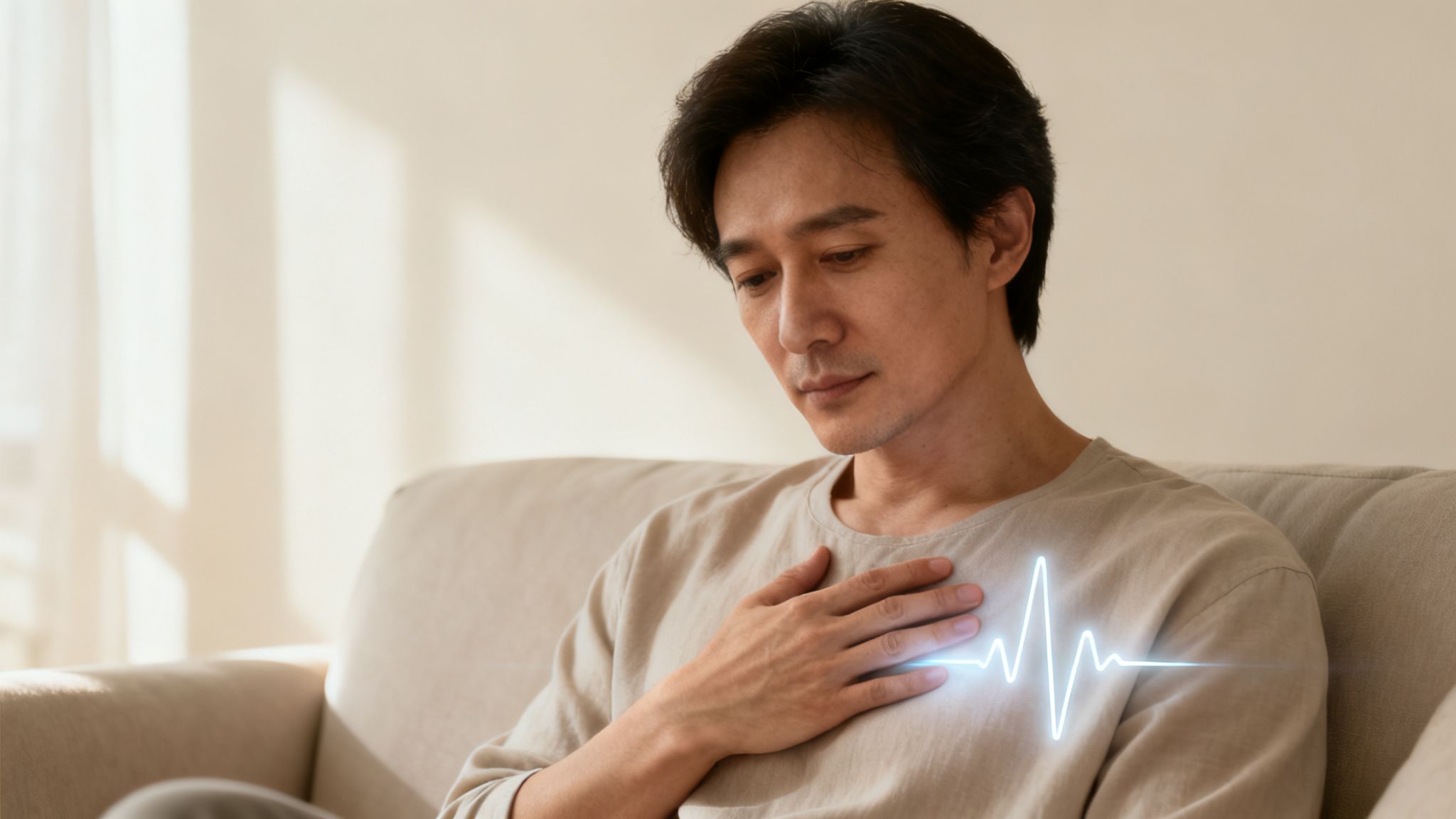 A concerned man holds his chest, with a glowing blue heartbeat line superimposed over his body.
