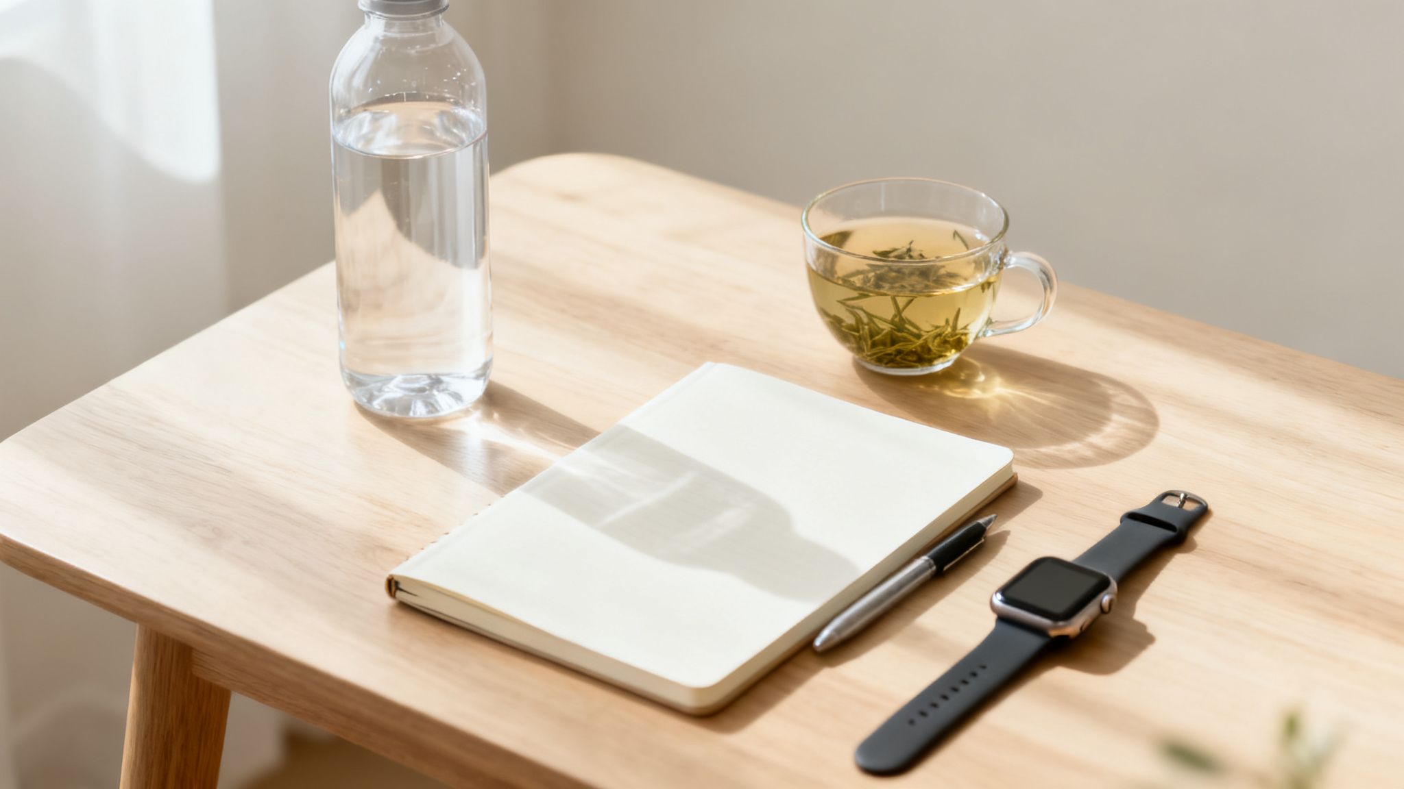 A bottle of water, green tea, notebook, pen, and smartwatch on a sunlit wooden desk.