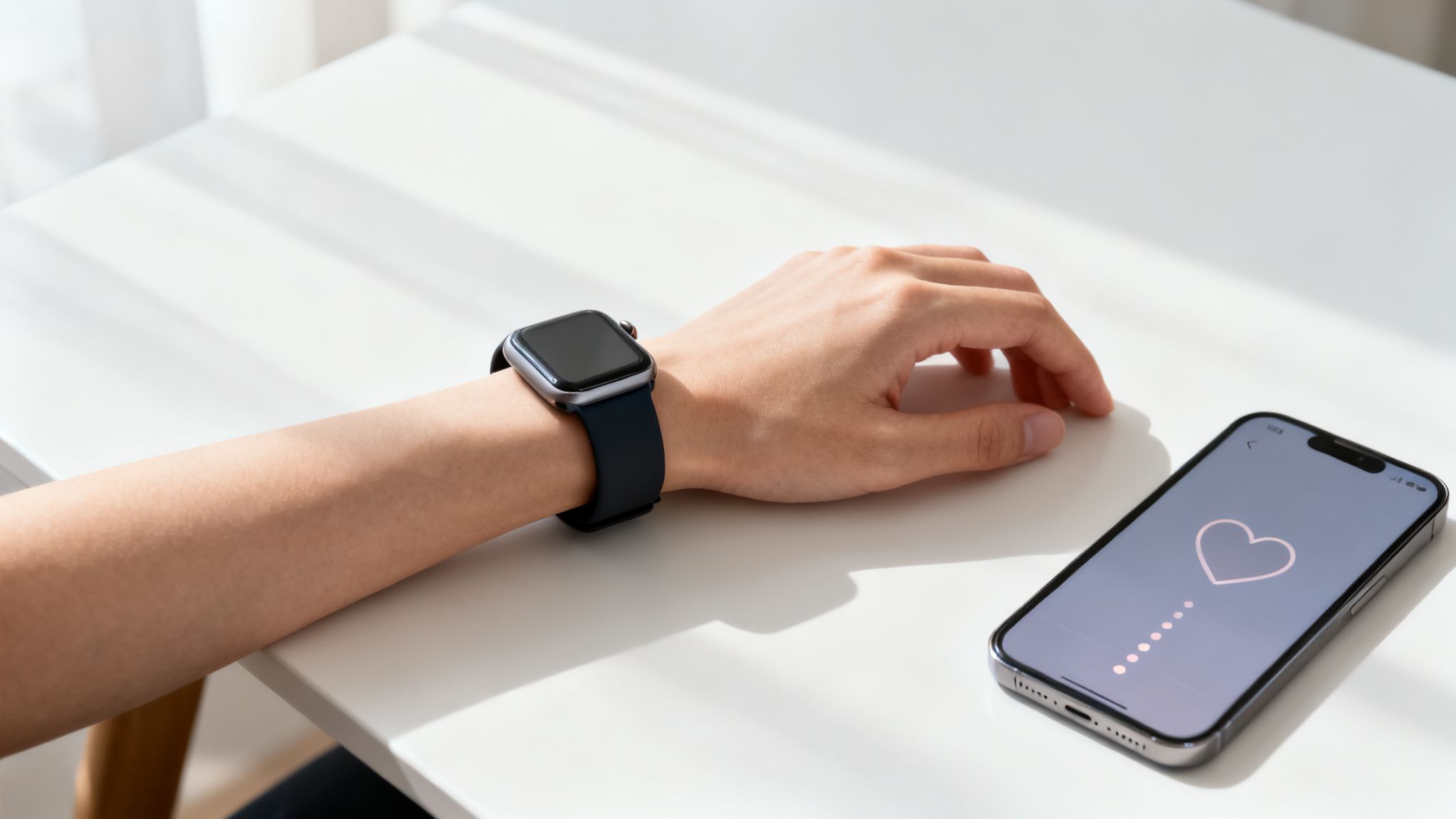 A person's arm wearing a smartwatch next to a smartphone displaying a heart health app on a table.