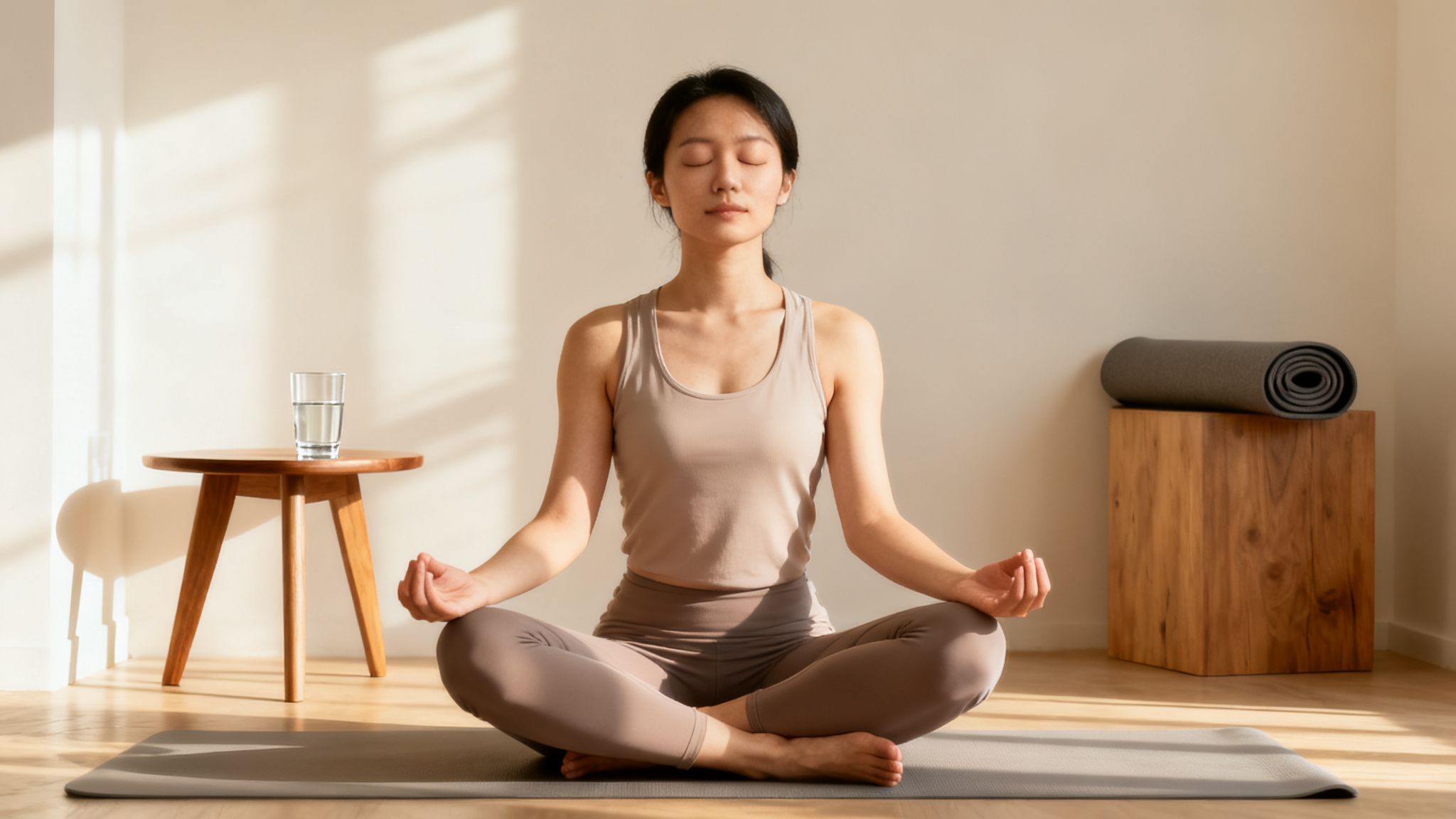 A young woman meditates peacefully on a yoga mat in a sunlit home interior.