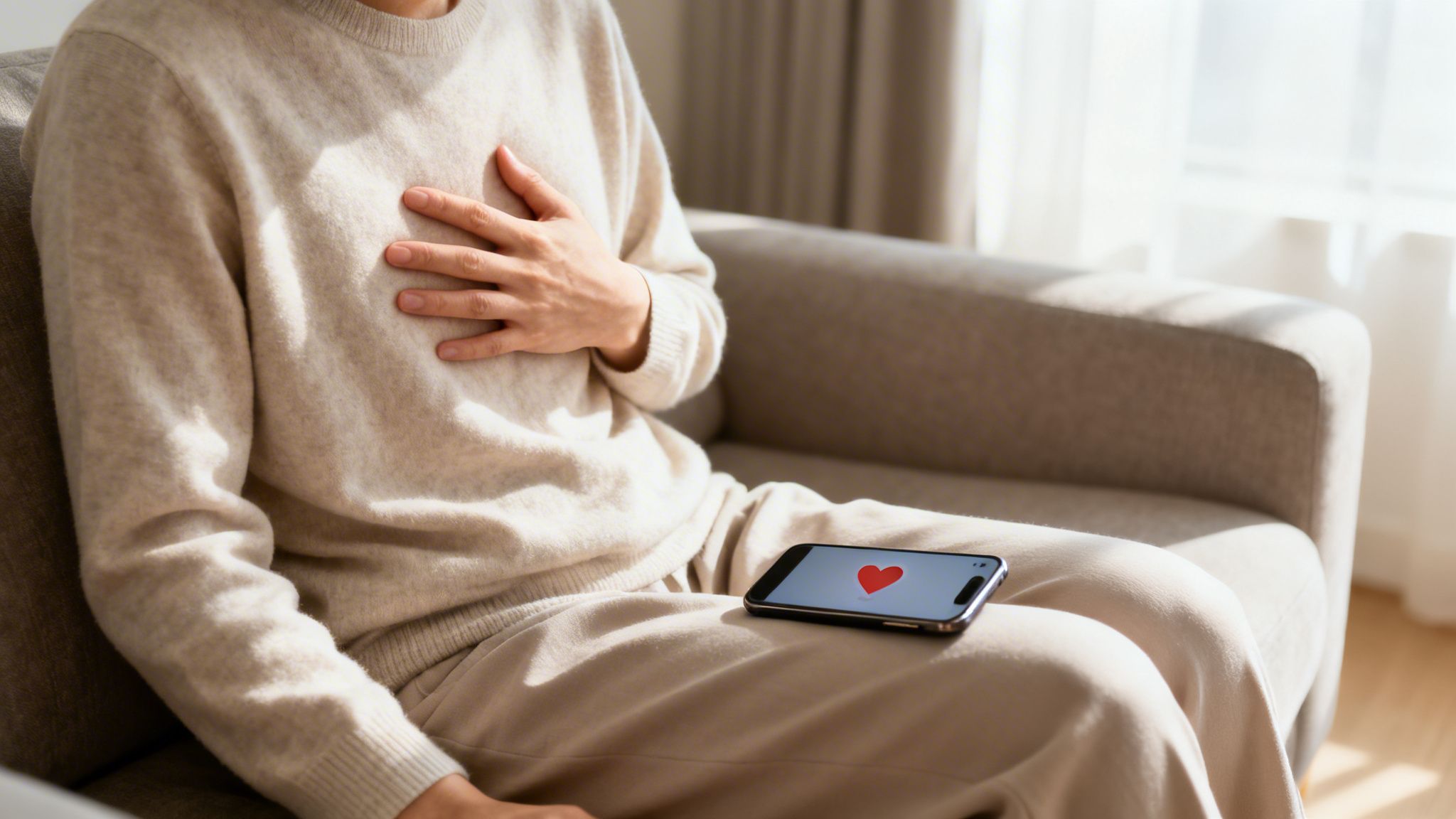 Person on a couch holding chest in discomfort, smartphone showing a heart icon.
