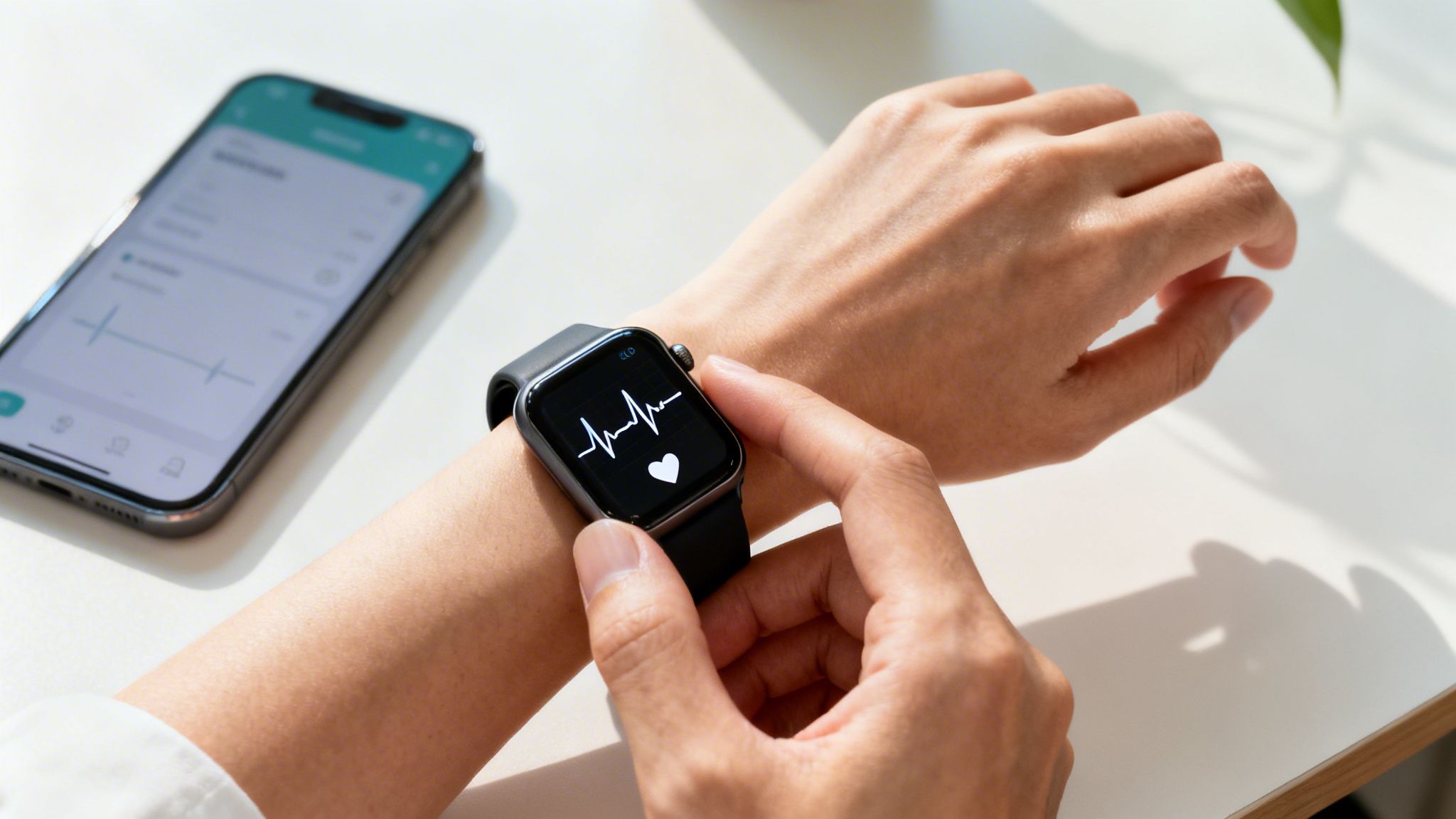 A person is checking their heart rate on a smartwatch, with a health app on a smartphone nearby.